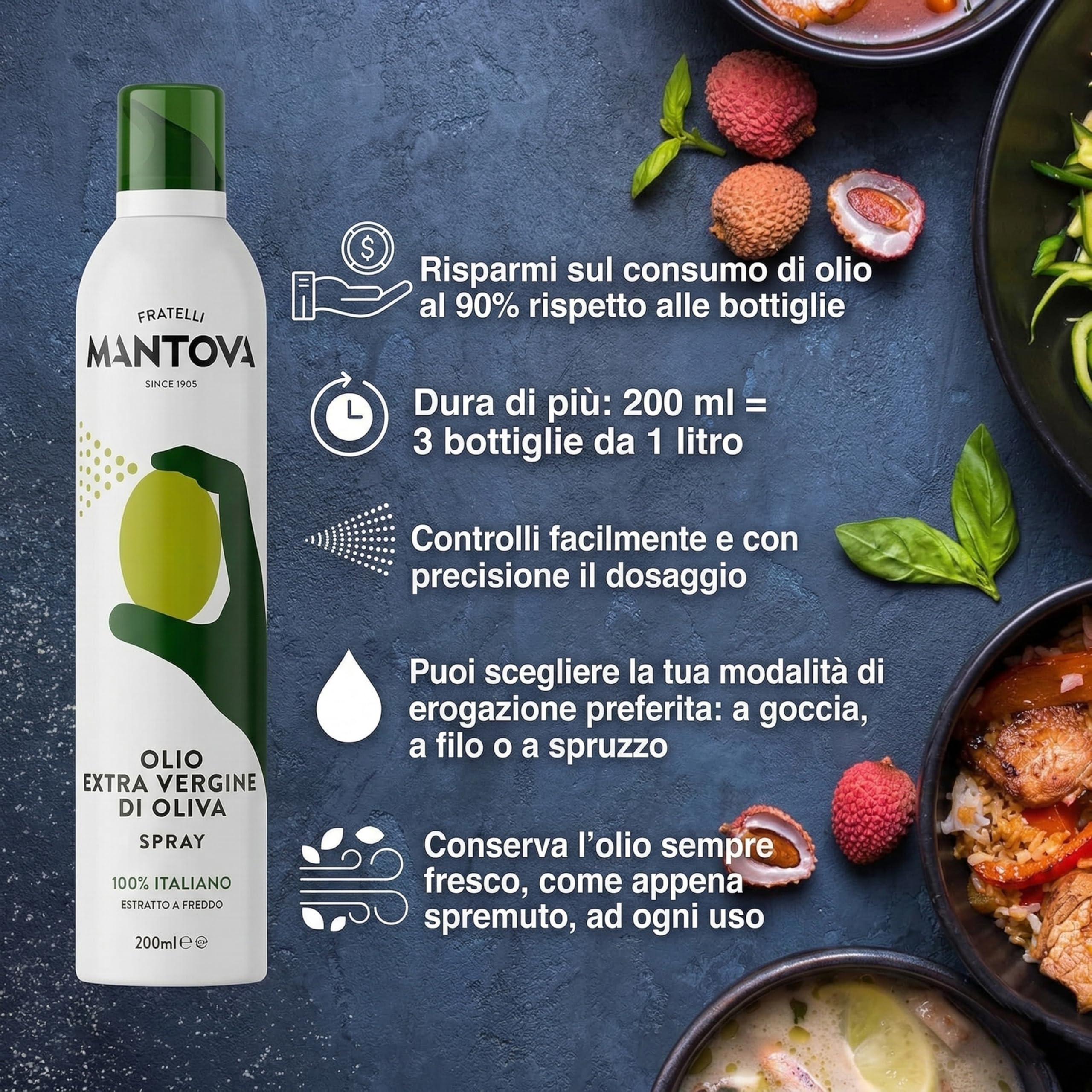 Mantova Olio Extra Vergine di Oliva Spray 6×200 ml (1200 ml) – EVO Italiano Spremuto a Freddo, Nebulizzatore Cucina Sana, Controllo Porzioni, Formato Famiglia Risparmio