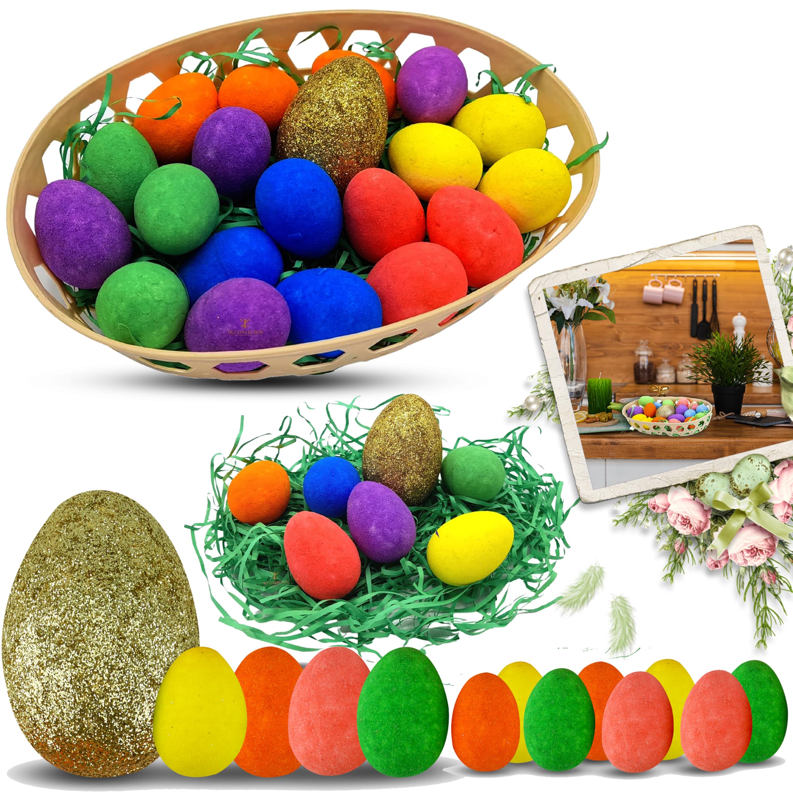 Hovuk 21Pcs Easter Egg Set 21Pcs Oval Hamper Basket Egg Set - Easter Glitter Eggs With Shredded Tissue Paper, Large Golden Egg With Multicolour Foam Eggs For Easter Table Decorations, Packed In Net Bag