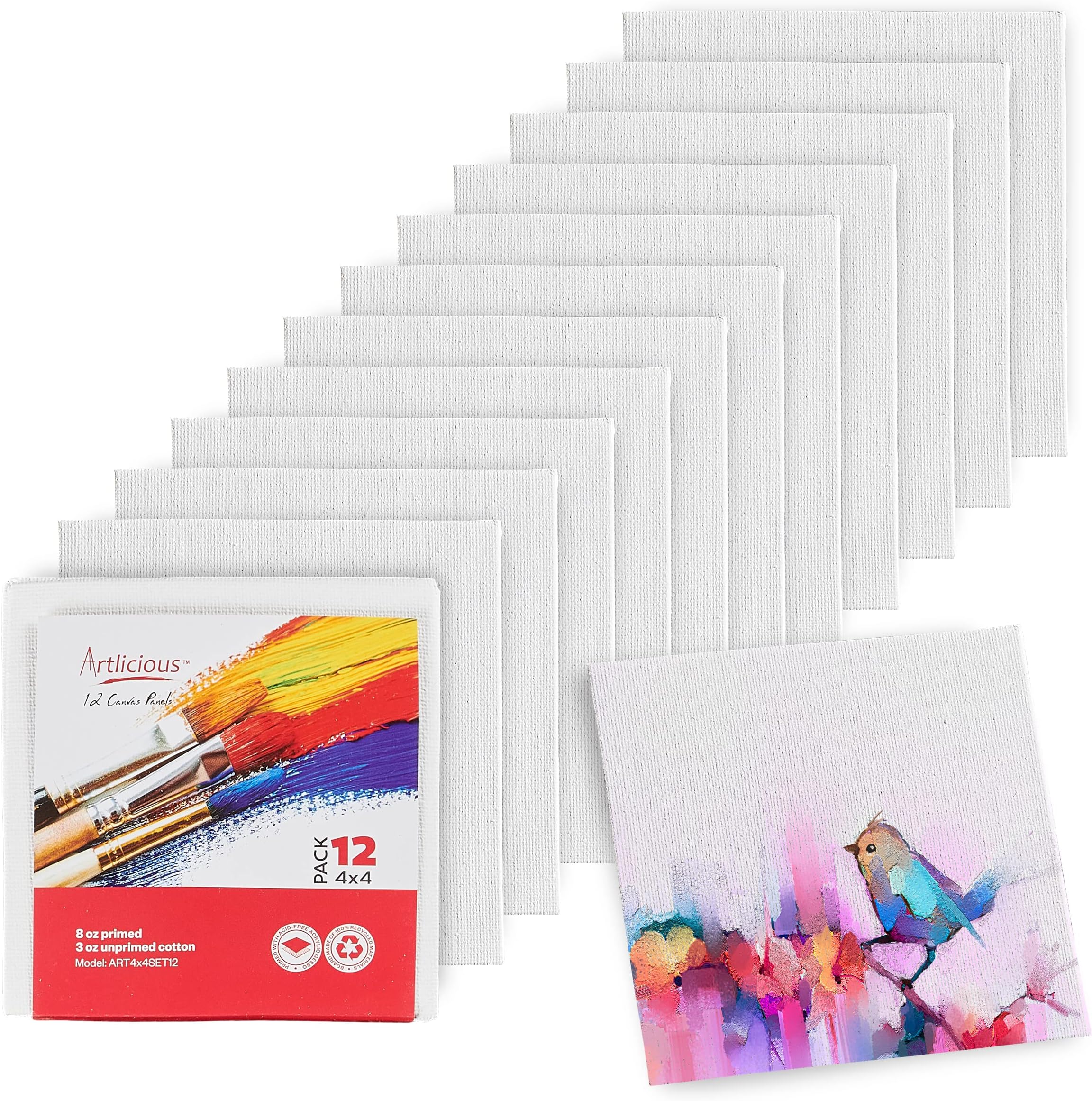 Artlicious Canvases for Painting Pack of 12, 4 x 4 Inch Blank White