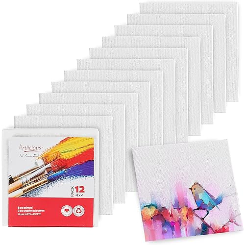 Artlicious Small Canvases for Painting - Pack of 12, 4 x 4 Inch Blank White Canvas Boards - 100% Cotton Art Panels Mini Canvas Bulk for Oil, Acrylic & Watercolor Small Painting Canvas