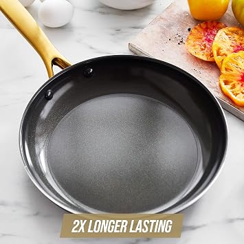 Blue Diamond 10 Nonstick Frying Pan Skillet, Diamond Infused PFAS & PTFE-Free Ceramic Pot, Dishwasher & Oven Safe, Gold Handle, Induction, Non Toxic Metal Utensil Safe, Egg & Omelet Pan, Black