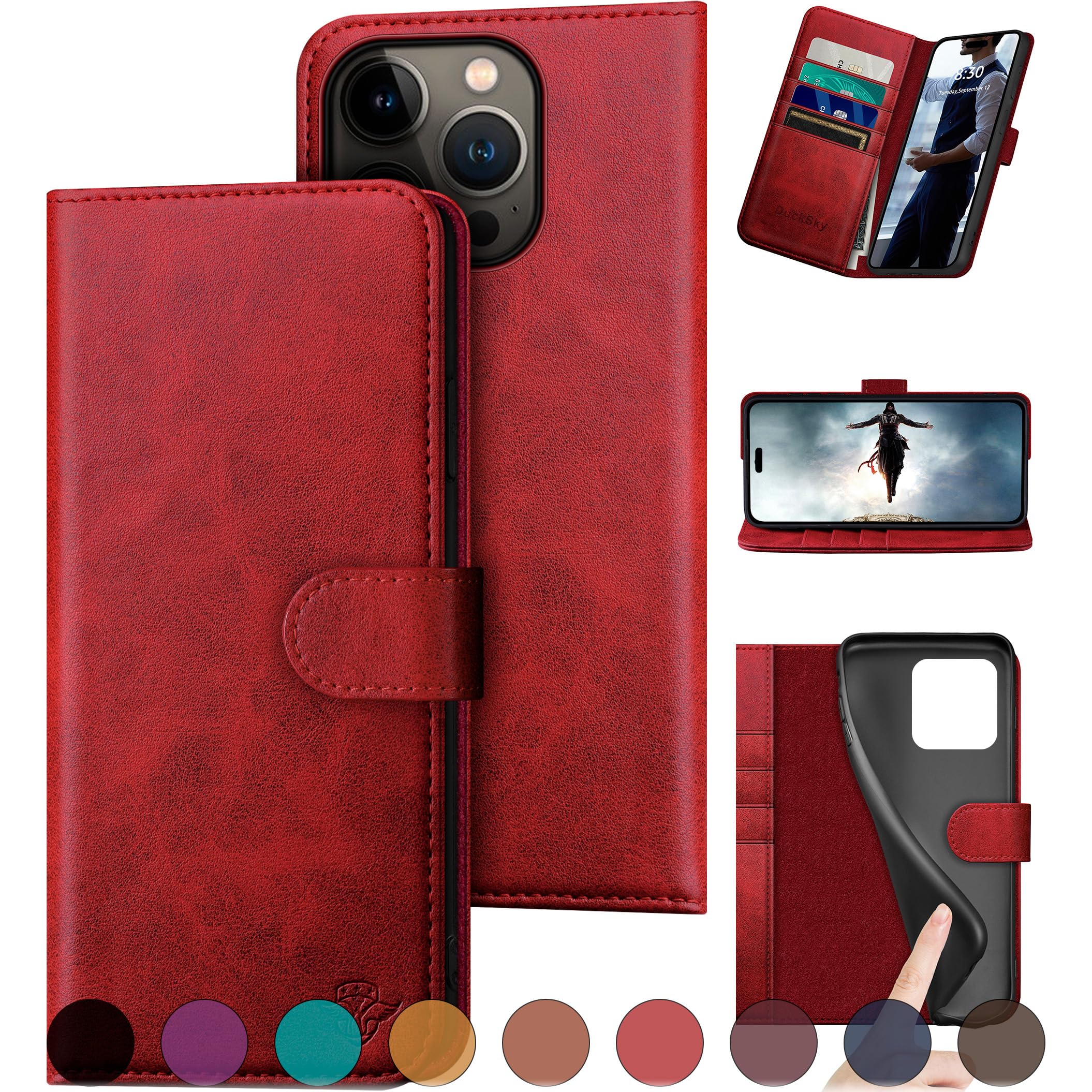 DuckSky Compatible with iPhone 16 Pro Max 6.9" Genuine Leather Wallet case【RFID Blocking】【4 Credit Card Holder】【Real Leather】 Flip Folio Book Phone