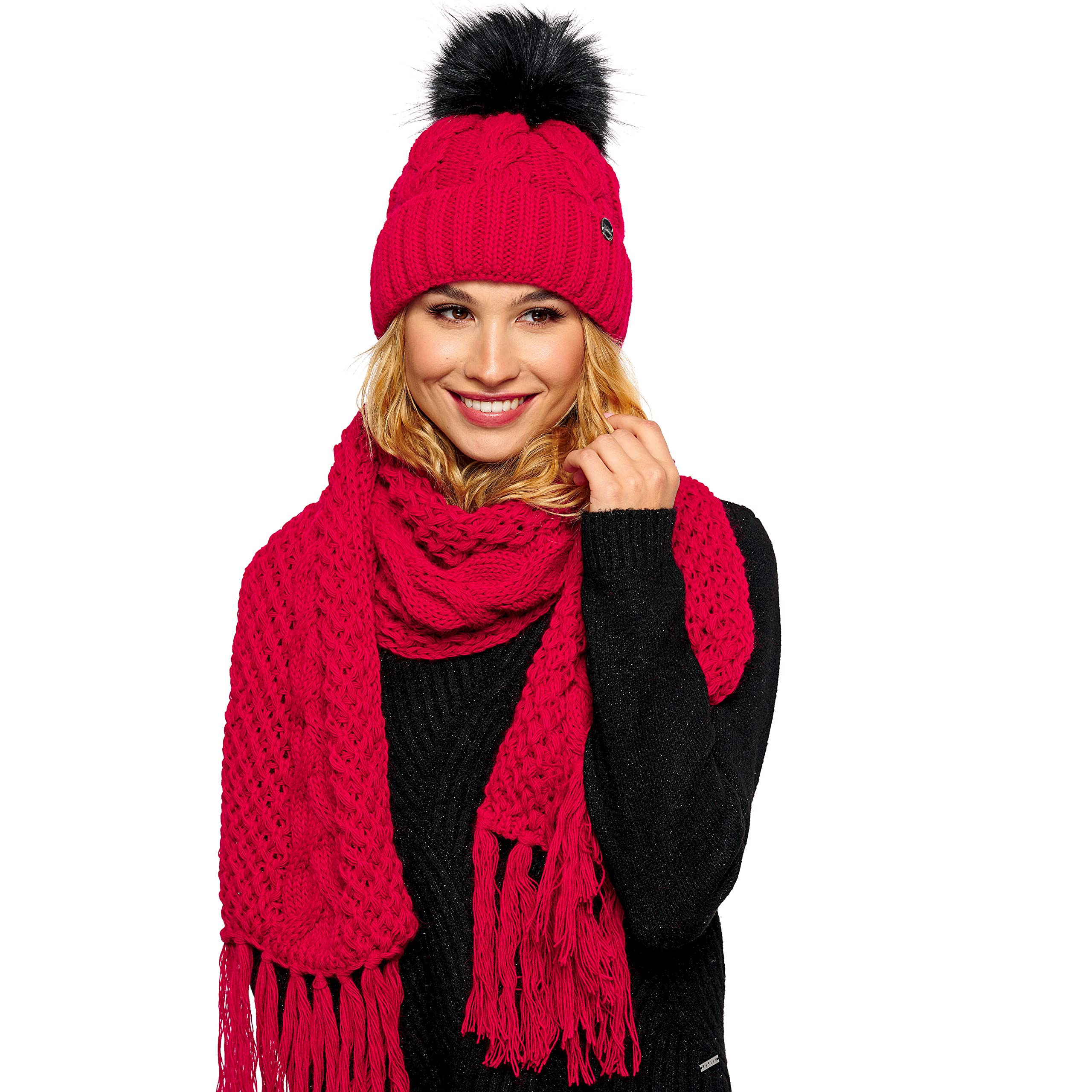 ELIMELI® Bonnet d'hiver pour femme avec pompon en fourrure polaire doublée – Bonnet chaud pour femme – Bonnet d'hiver avec pompon en fausse fourrure – Bonnet en tricot Slouch fabriqué en UE