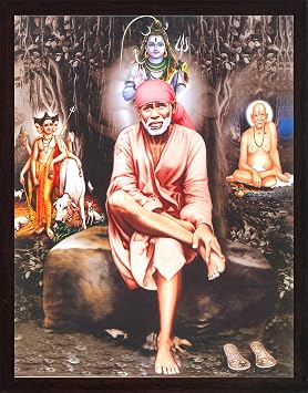 SANVIKA Shirdi Sai Baba Photo Frame | Sai Baba & Lord Shiva Painting Wall Decor | 12" x 9" Framed Poster for Pooja Room, Living Room Sai Baba Sitting on Rock at Night in Forest