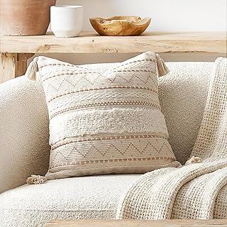 BlissBlush 18X18 Throw Pillow Cover, Cream Neutral Beige Square Decorati...