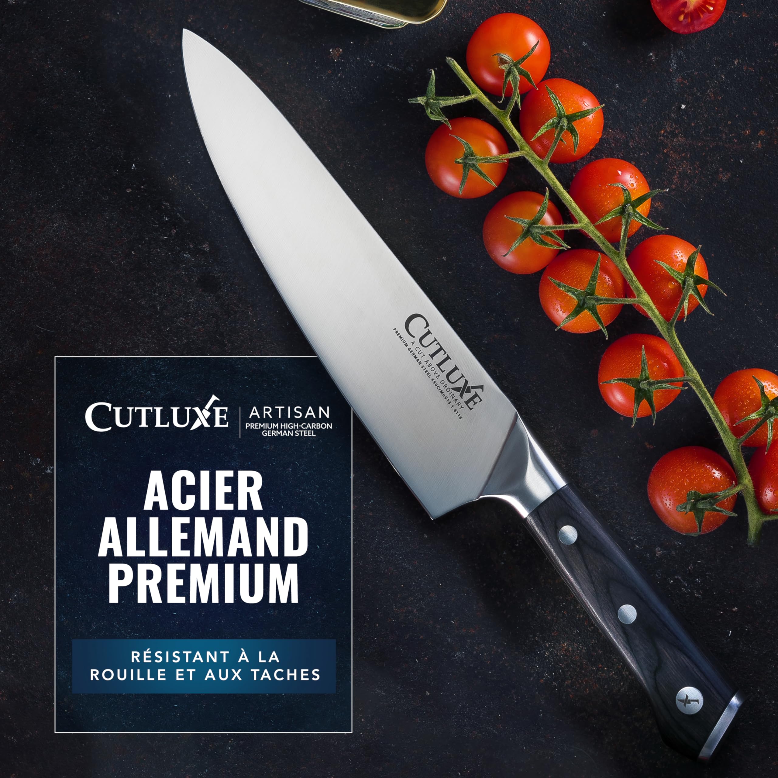 Cutluxe Set 5 Couteaux de Cuisine – Acier Allemand, Ultra Tranchant | Pleine soie et poignées ergonomiques; lames en carbone pour chef, légumes et viande; coffret garantie à vie