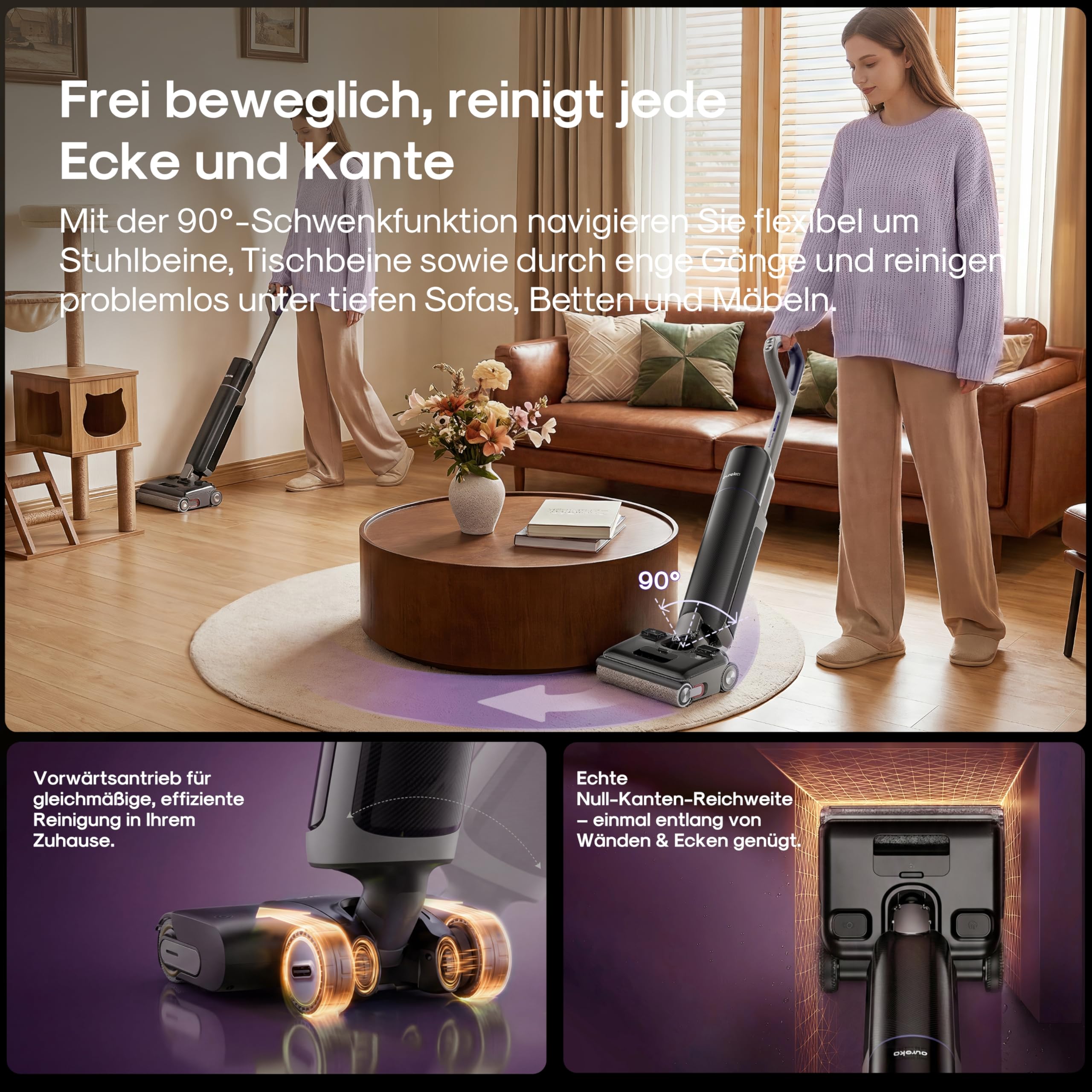 Eureka FloorShine 830 Nass Trockensauger Akku für Hartböden, 24.000 Pa Saugwischer 180° Flachliege, Anti-Tangle 3,0, Selbstreinigung & 75°C Heißlufttrocknung, 60 Min Laufzeit, Nasssauger Böden