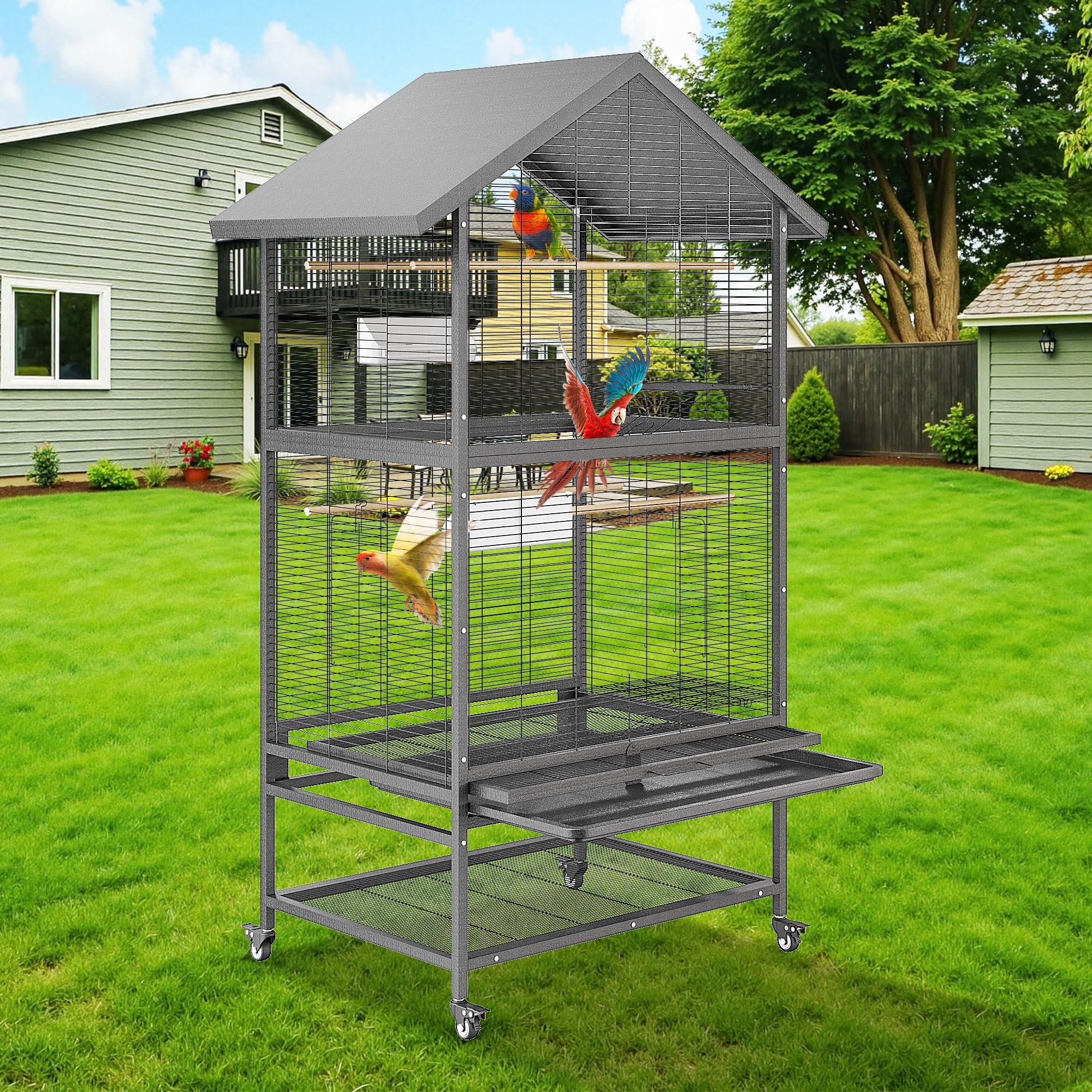 Garvee 61in Large Bird Cage, Metal Bird Cage with Bird Playground, Rolling Parrot Cage with Feeding Accessories, Large Parakeet cage for Parrots, Parakeets, Conures, Parrot, Black, 61in