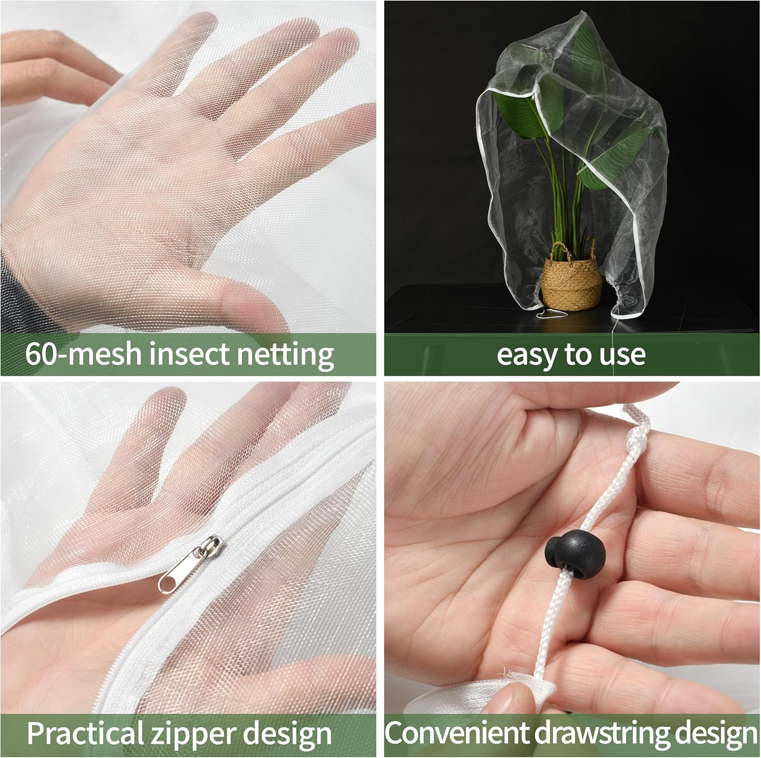 Garden Netting, 5 pcs,6.5 X 8 FT, Featuring Drawstring and Zipper Design, is a Plant Cover and Fruit Tree net Designed to Protect Plants, Fruits, and Flowers from Insects and Birds.