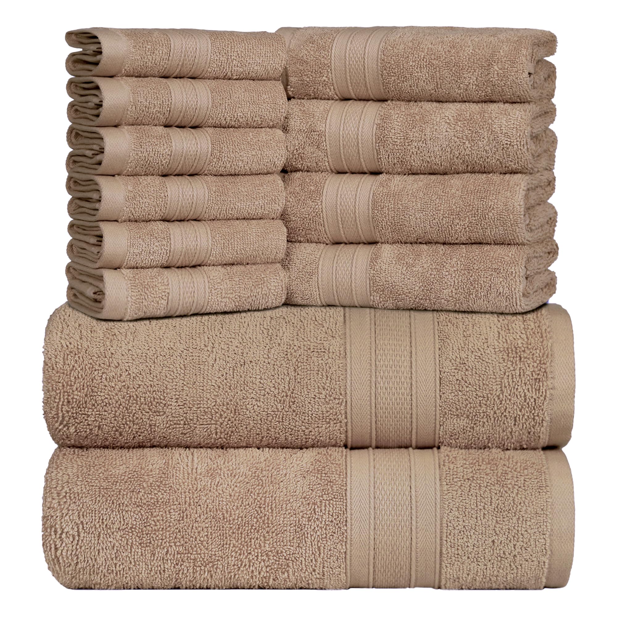 Trident Soft Comfort Air Rich Towels for Bath, 100% Cotton Towel, Super Soft, Highly Absorbent, 12 Pieces Towel Set, 500 GSM - Acorn