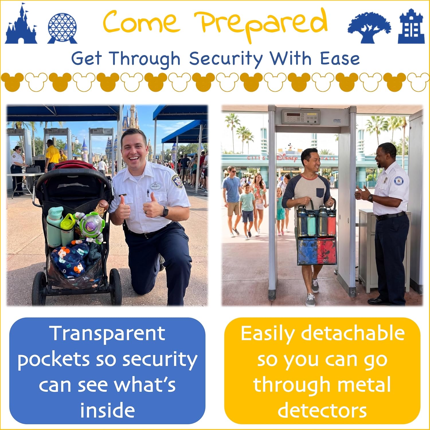 Stroller Ally, Disney World Essential Transparent Stroller Organizer with XL Hooks, Disneyland & Theme Park Travel Accessory (Single or Back/Front Double Stroller)