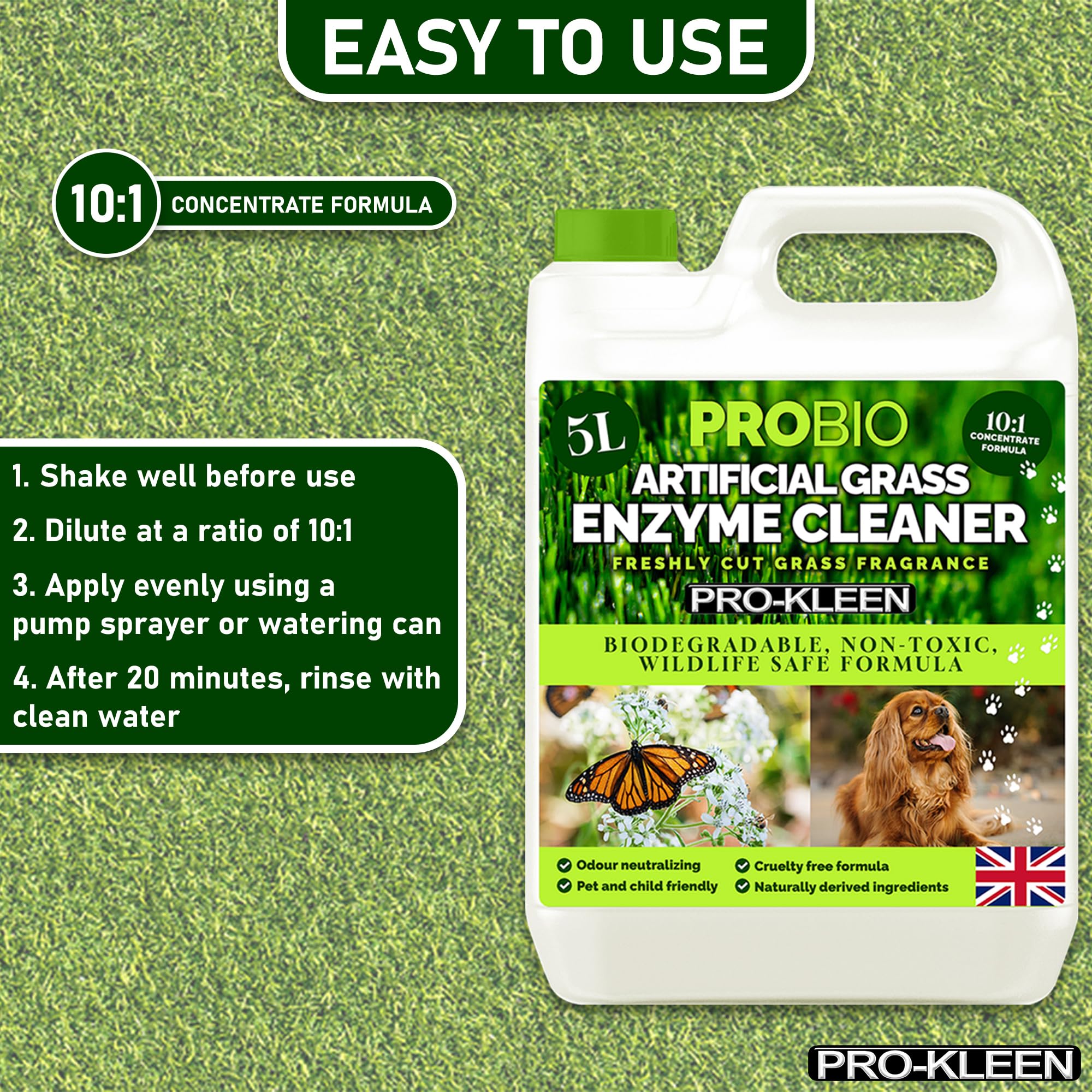 Pro-Kleen ProBio - Limpiador de césped artificial a base de probióticos, eliminador de olores, 5 L, no tóxico, libre de crueldad, apto para mascotas. Fragancia de hierba recién cortada. Limpieza