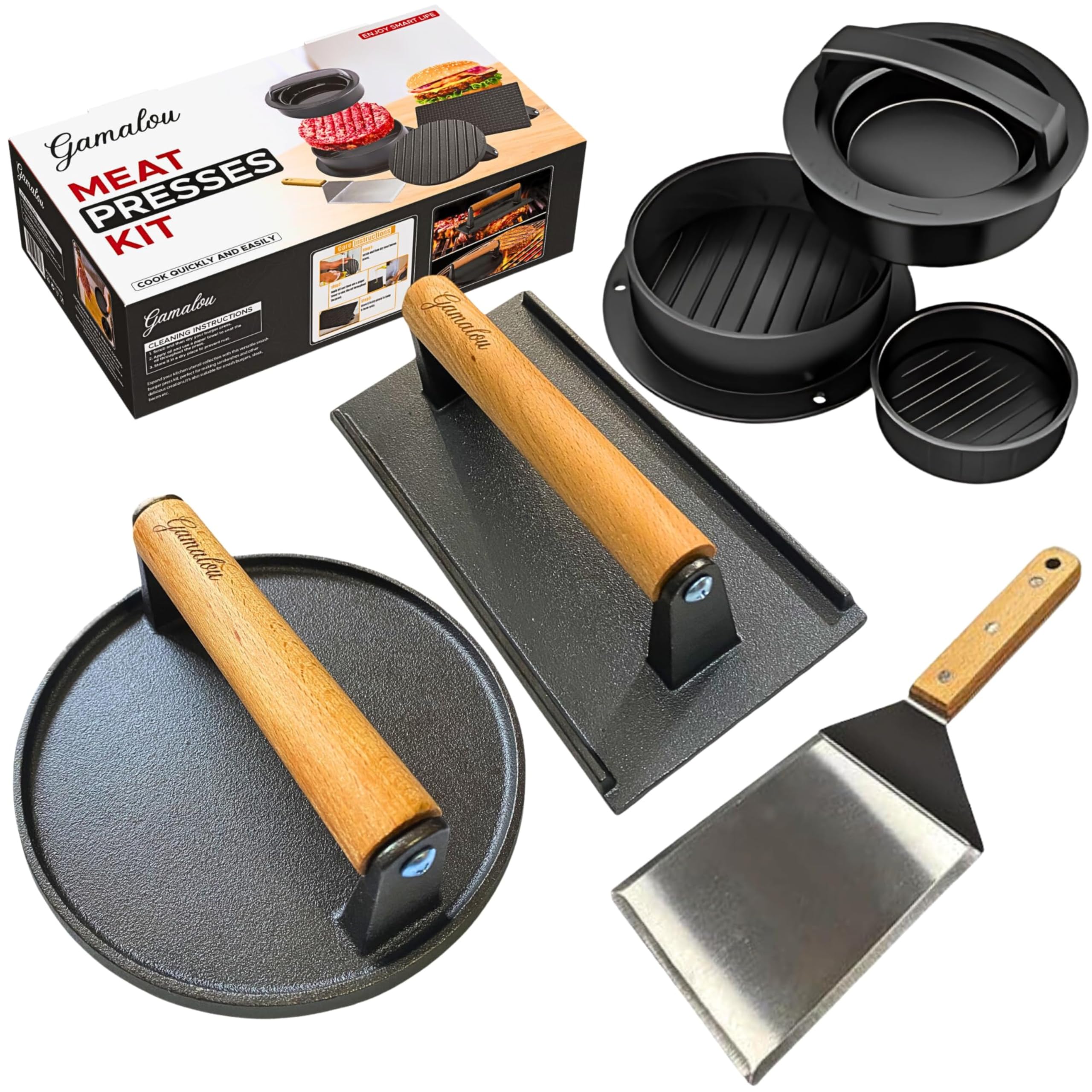 Smashed Burger Press BBQ Kit: 7" Round & 8.2x4.3 Rectangle Cast Iron Bacon Press, 3-in-1 Stuffed Patty Maker, Spatula 6x5”, Burger Press Griddle Set for Blackstone, Traeger, Grills, Fry Pan