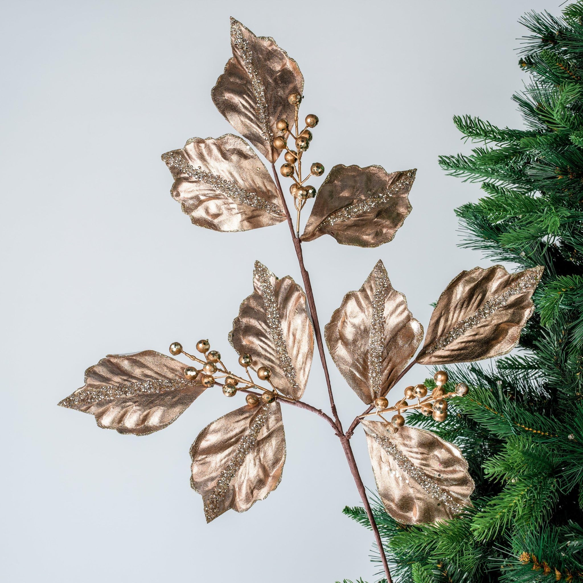 IRONY HOMELuxurious Rose Gold Festive Foliage Pick with Berries – A Stunning Accent for Holiday Trees, Wreaths, and Elegant Seasonal Displays