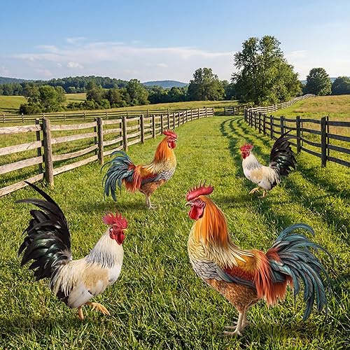 Riakrum 4 Pcs Metal Rooster Outdoor Garden Statues Decor Yard