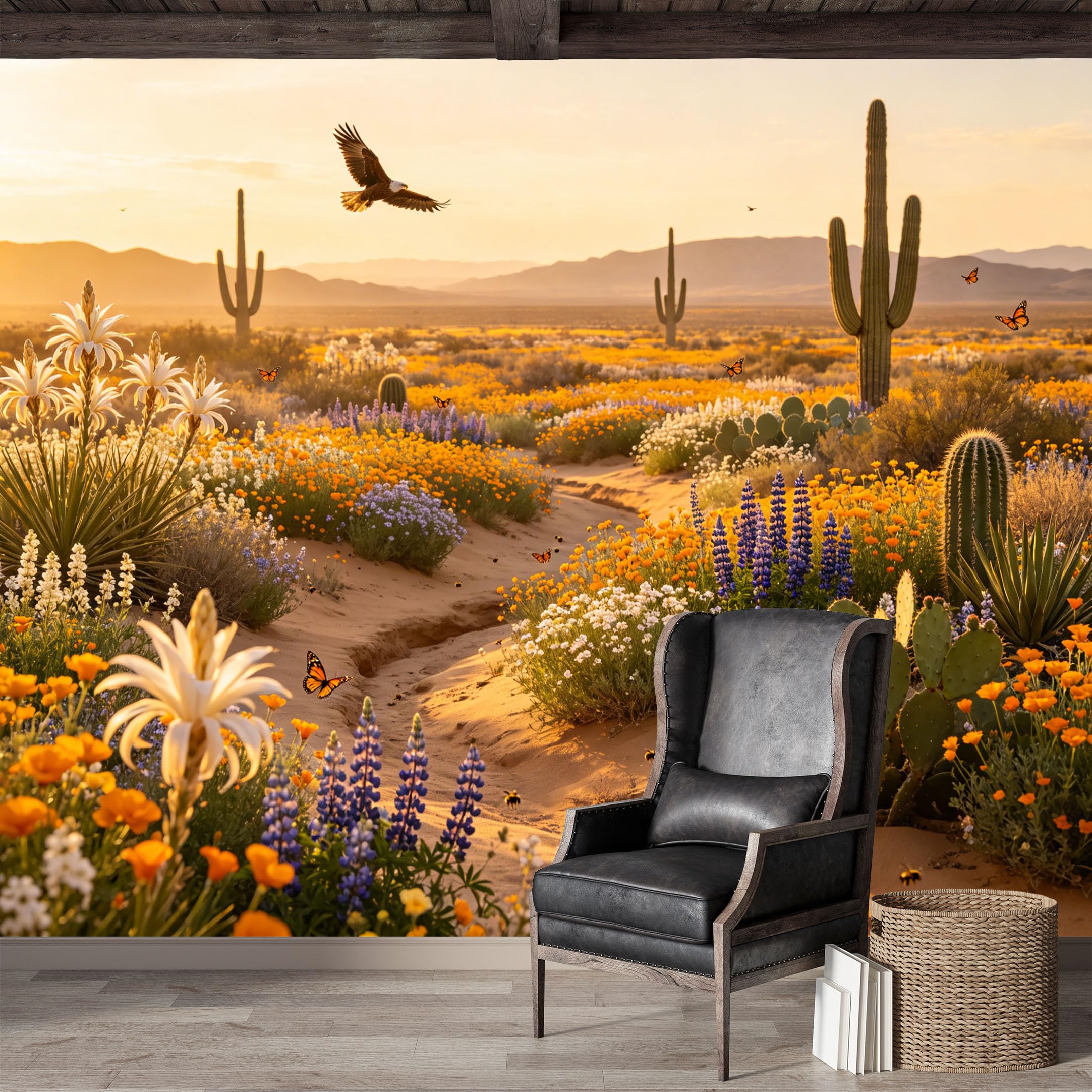Custom Size Wall Mural,Desert Bloom Saguaro Cactus Sunset Landscape Premium Water Activated SelfAdhesive Wallpaper,Removable Wall Covering,Easy DIY Install Wall Art for Indoor Home Decor