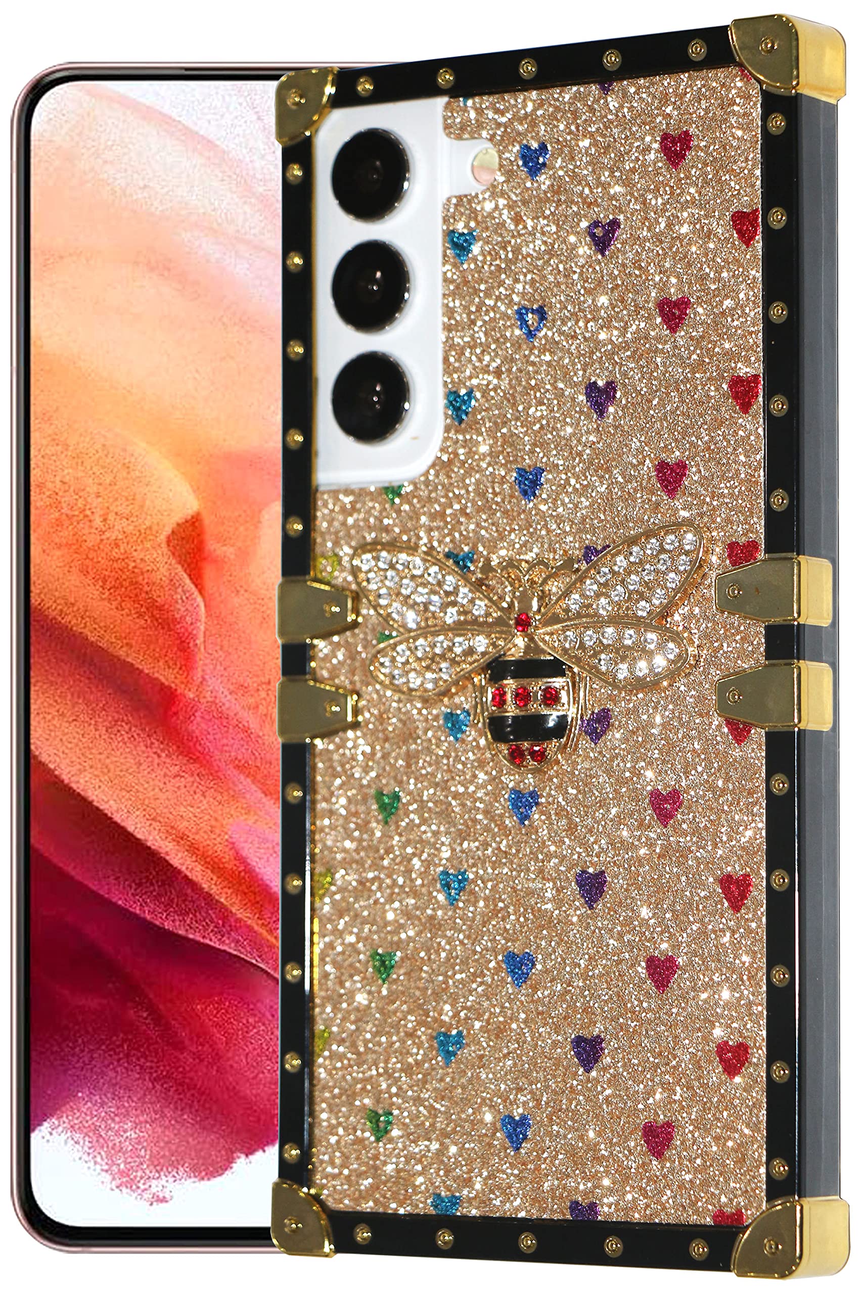 Compatible with Samsung Galaxy S22 5G case Square Luxury Bling Glitter Cases Women Girls Cute bee Box Trunk SamsungS22 GalaxyS22 Phone Cover Bumper fundas 6.06 inch (Gold)