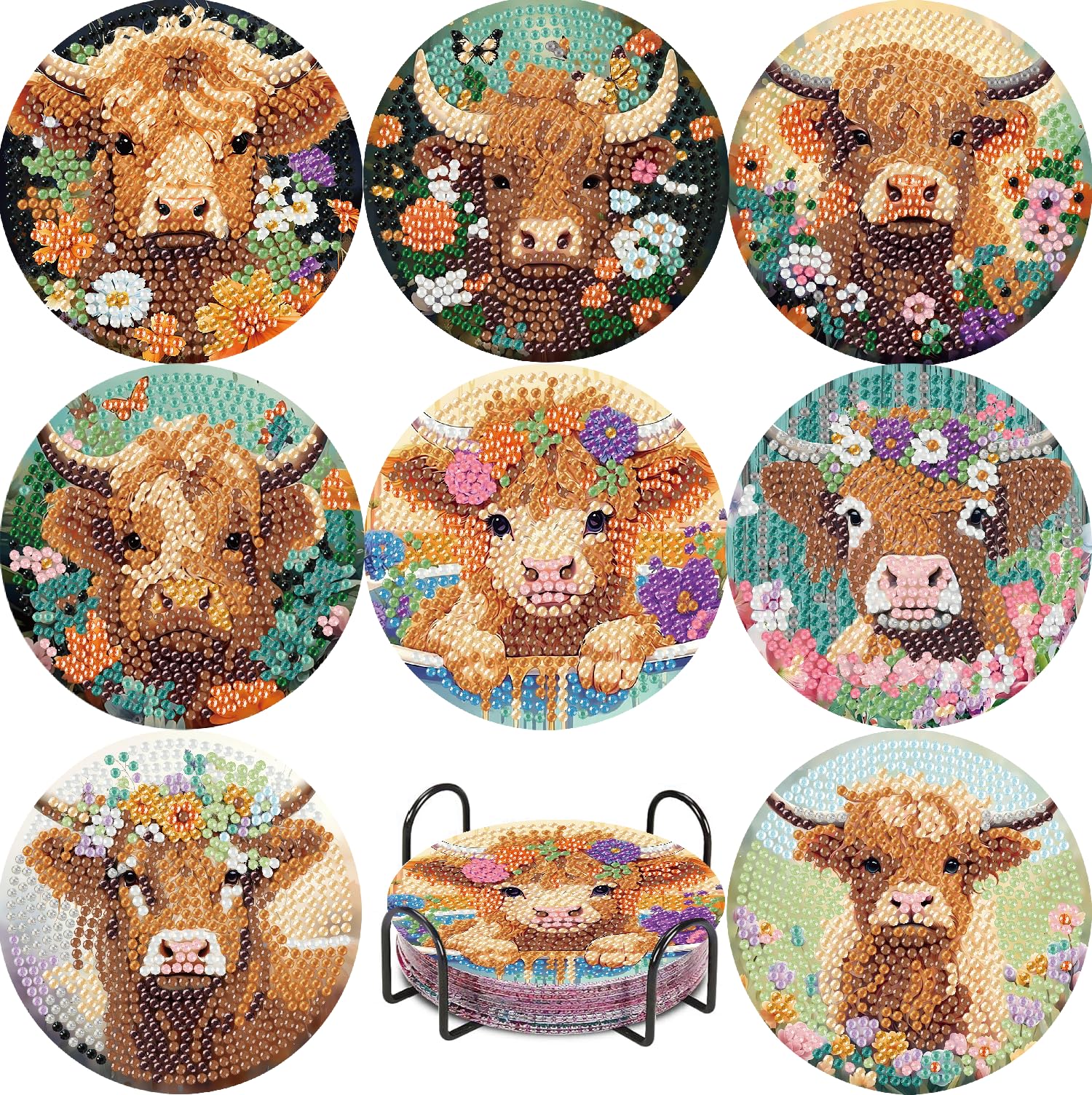 Jakener Coaster-Cow 8 Pcs Diamond Art Coasters Kits With Holder, Highland Cow Diamond Painting Coasters For Adults Kids, Fun 5D Diy Full Round Drill Diamond Dot Crystal Gem Art Craft Supplies