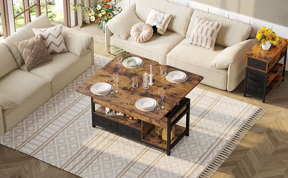 Tavolino Salotto Regolabile 3 In 1 - Con Cassetto, Trasformabile In Tavolo Da Pranzo, Bianco