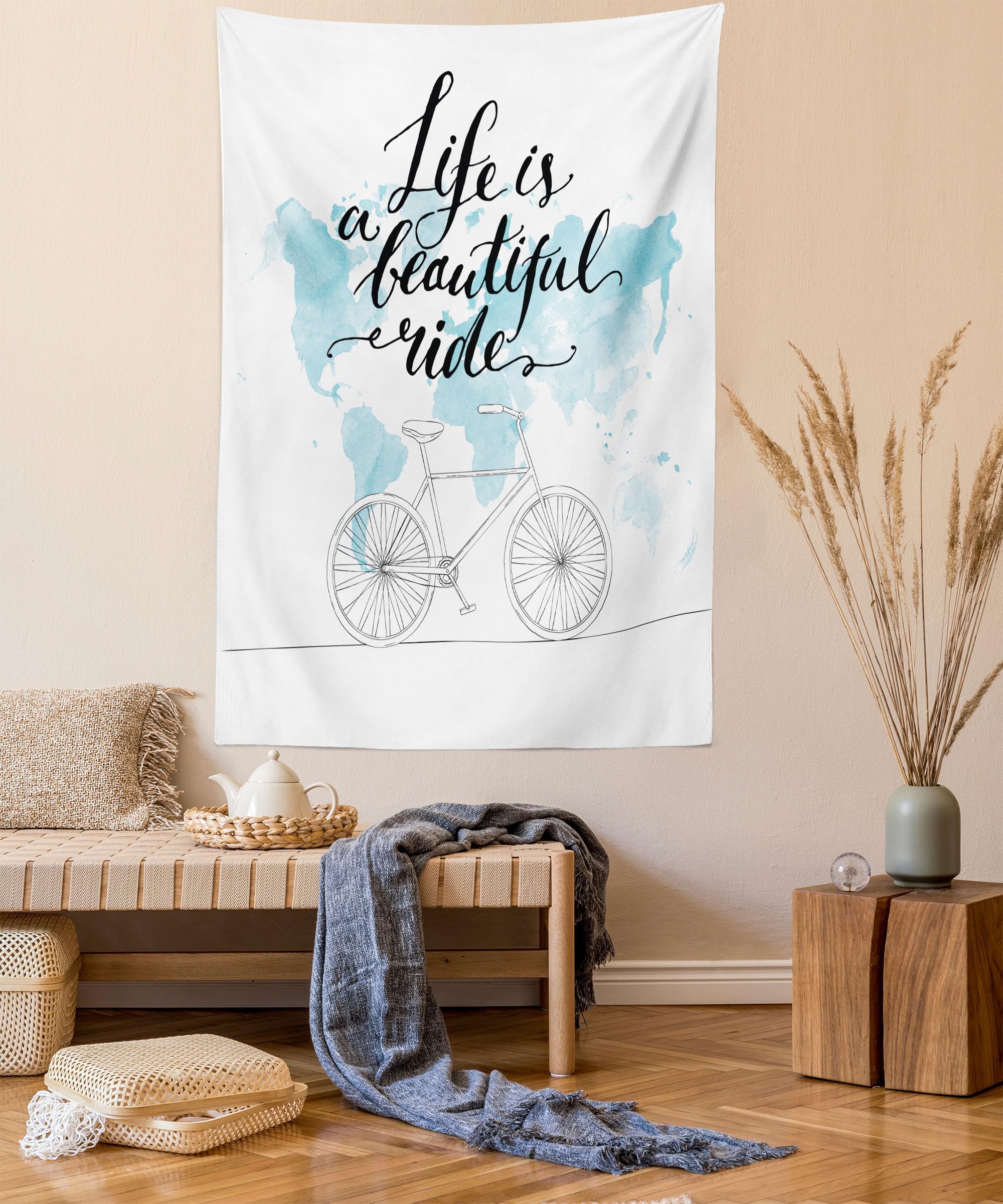 Lunarable Saying Tapestry Queen Size, Life is a Ride Words Watercolor World Map and Bicycle Print, Wall Hanging Bedspread Bed Cover Wall Decor, Queen