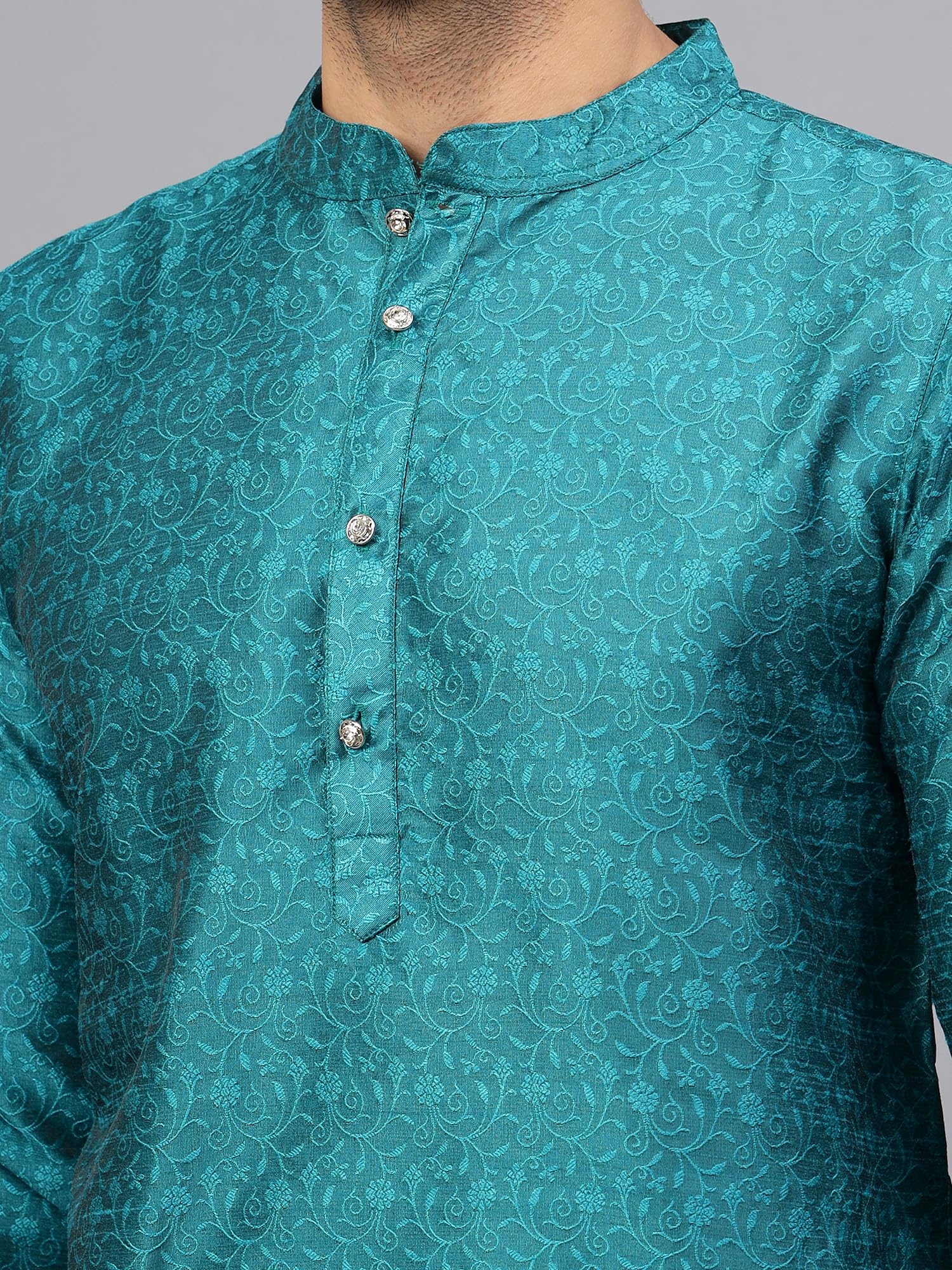 LATEST CHIKAN Men's Silk Blend Jacquard Kurta Set with Off-White Pant Style Pajama | Festive&Wedding-Ethnic-Wear -KP-SB-TL-38 - Image 3 thumbnail