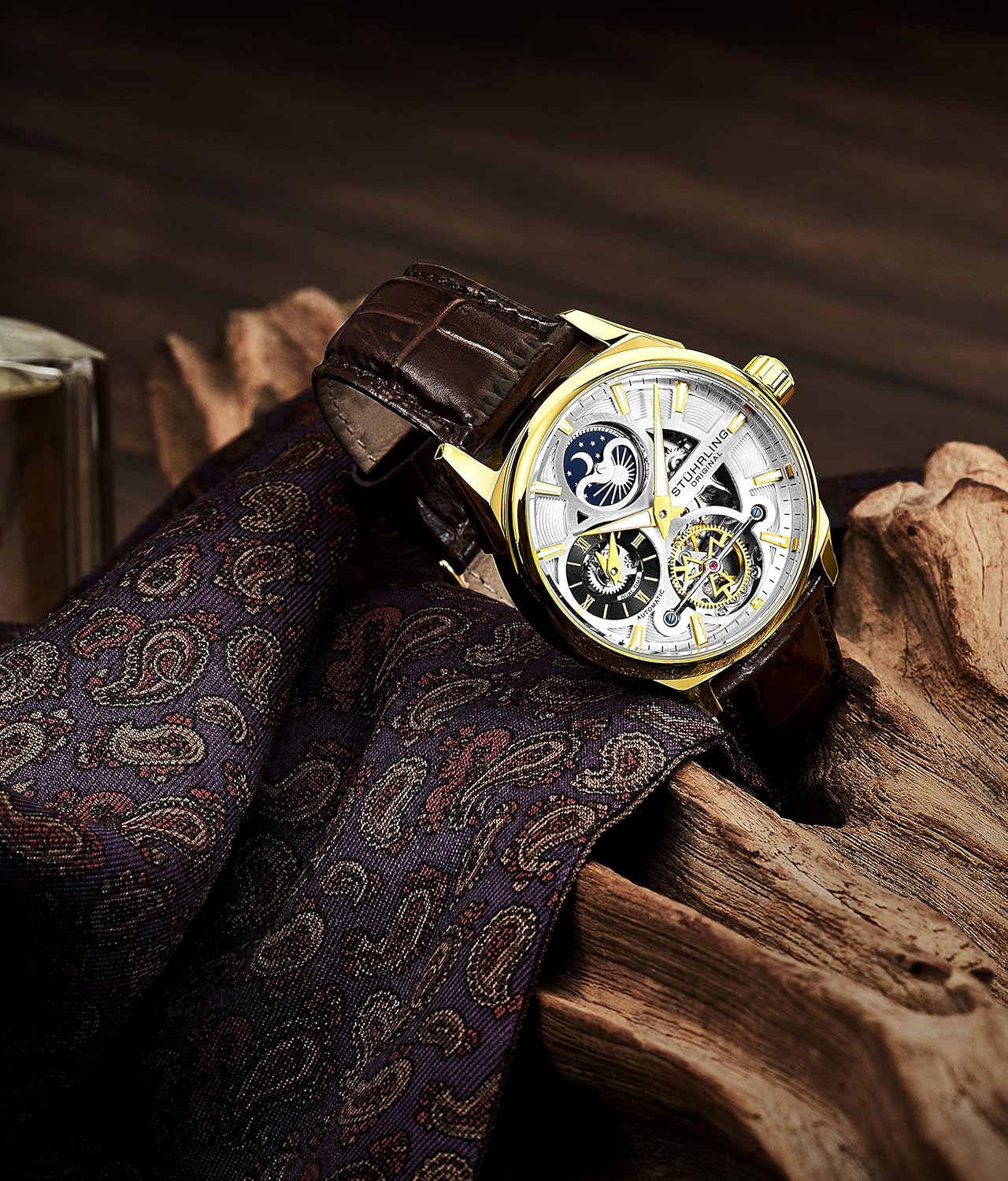 Stuhrling Original Skeleton Dress Analog Watch for Men, Automatic Mechanical Wristwatch, Gold Plated/Stainless Steel, Genuine Calfskin Leather Band (Gold-A)