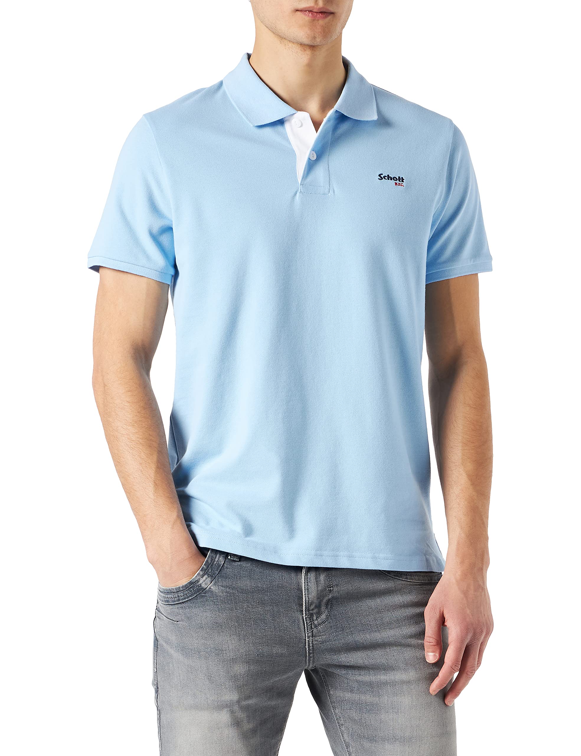 Schott NYC Men's PSMILTON Polo Shirt, Sky/White, M