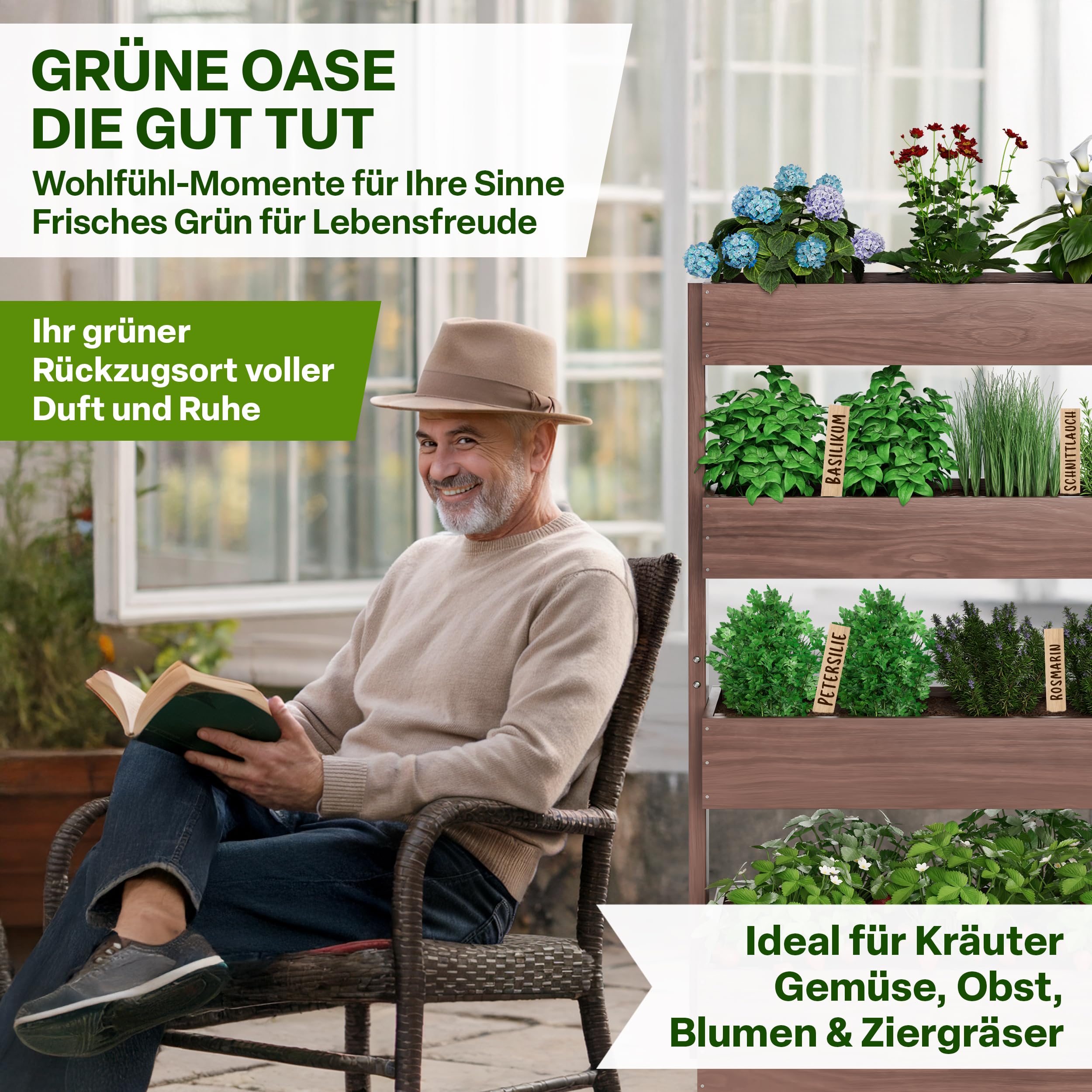 TTL GARDEN Vertikalbeet Verona 140x85x45cm 4 Etagen aus Tannenholz braun | - Vertikal Hochbeet & Kräuterhochbeet mit 4 Etagen & Folie wetterfest - Blumenkasten Kräutertreppe für Balkon Garten Terrasse