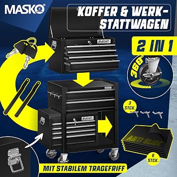 MASKO Workshop Trolley with Case - 9 Compartments Lockable Solid Metal Mobile Tool Trolley without Tools Professional Trolley for Tool Storage with Lock Black