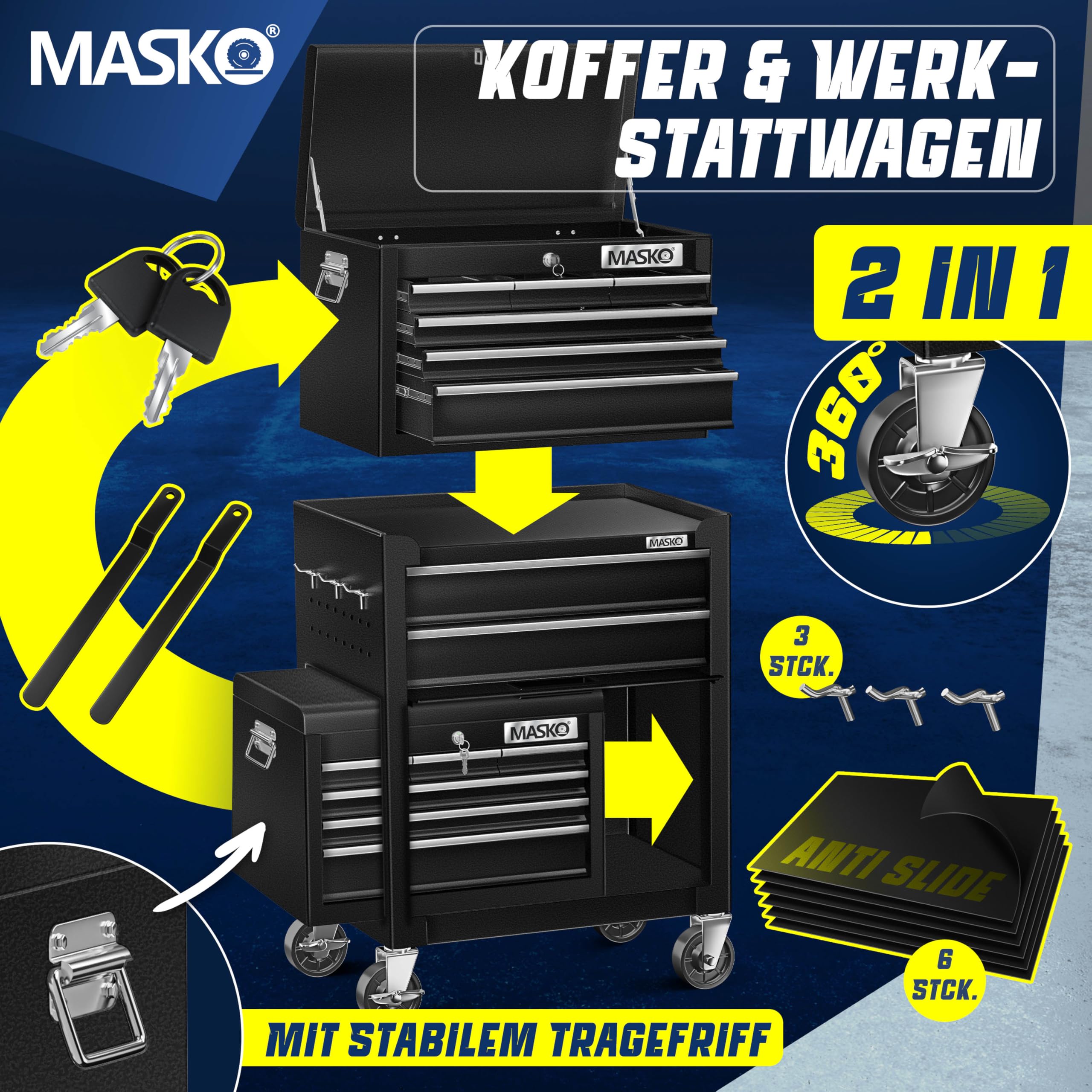 MASKO® Wózek warsztatowy z walizką, 9 przegródek, zamykany, masywny metal, mobilny, profesjonalny z zamkiem, czarny