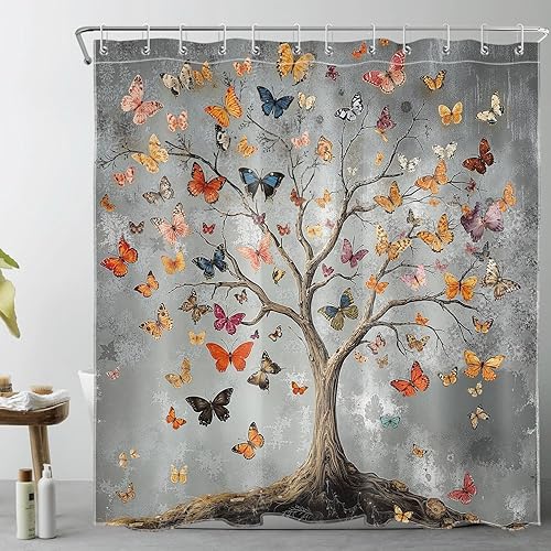 LB Cortina de ducha vintage con diseño de árbol de mariposa, diseño retro colorido con plantas, cortina de ducha de baño, decoración de baño gris
