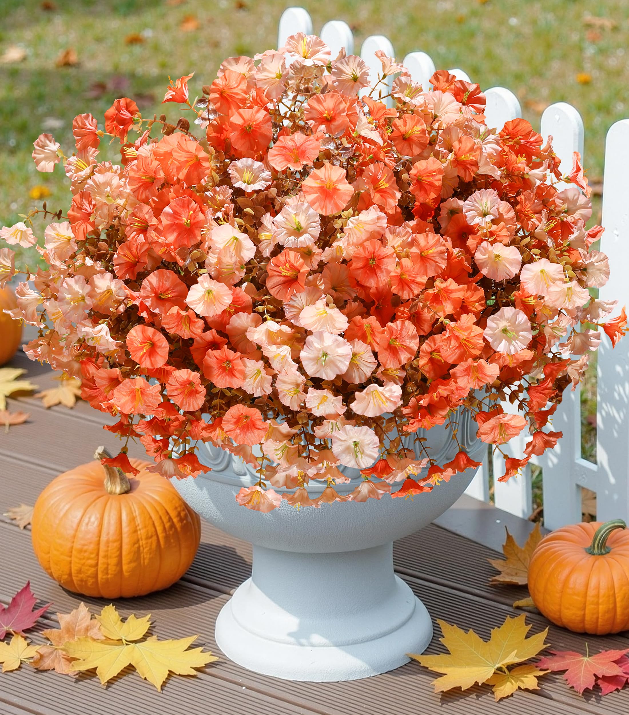 Fake Fall Flowers Artificial Flowers Plants for Outdoors Autumn Decoration, 12 Bundles Silk Morning Glory with Eucalyptus Realistic UV Resistant Faux Flower for Outside Yard Garden Home Indoor, Mix