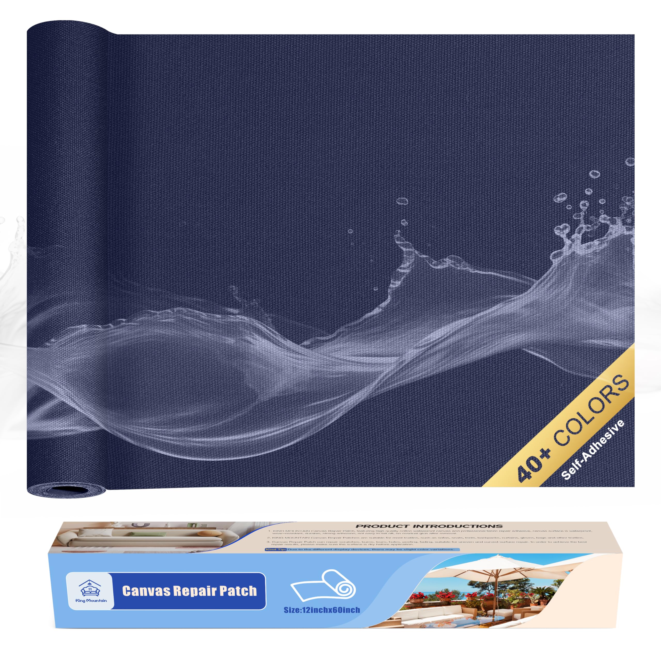 KING MOUNTAIN Canvas Repair Tape,Outdoor Gear Patch, 12×60 Inches,Waterproof,Self-Adhesive for Repairing Boat Covers,Sun Shades,Sofas,Tents,Lounge Chairs,Awnings (Dark Blue)