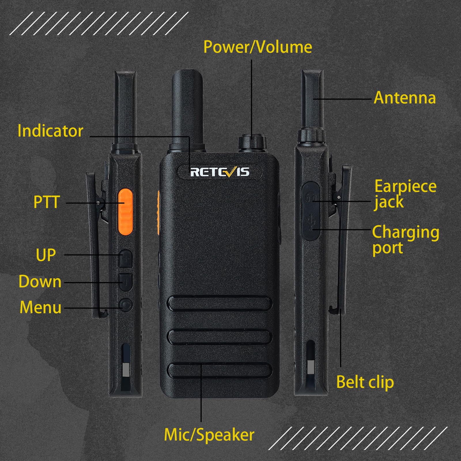 Retevis RT622P Walkie Talkie, 1620 mAh Ricaricabile Ricetrasmittenti USB-C Ultrasottile 15mm, VOX, Professionali Walkie Talkie Portatili con Auricolari per Ristoranti (4 Pezzi, Nero)