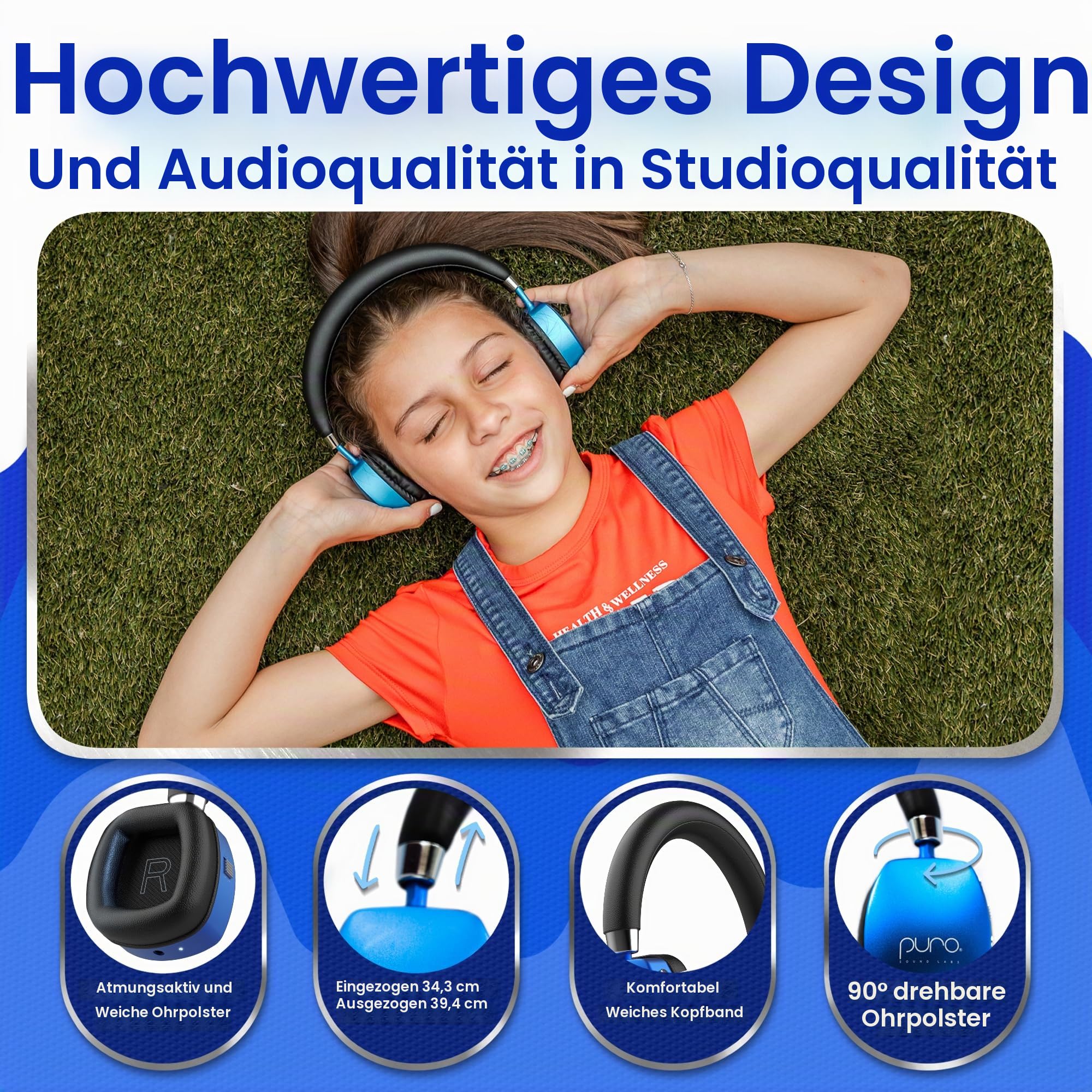 Puro Sound Labs PuroQuiet Plus Lautstärkebegrenzte On-Ear Active Noise Cancelling Bluetooth Kopfhörer – Leichte Kopfhörer für Kinder mit eingebautem Mikrofon – Sicherer Sound (Blau)