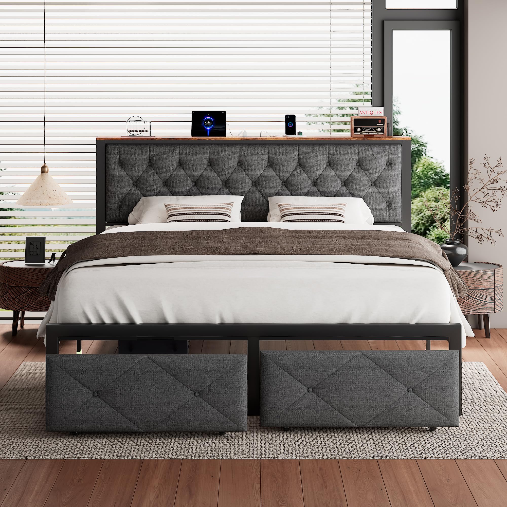 iPormis King Bed Frame with 2 Storage Drawers and Charging Station, Grey
