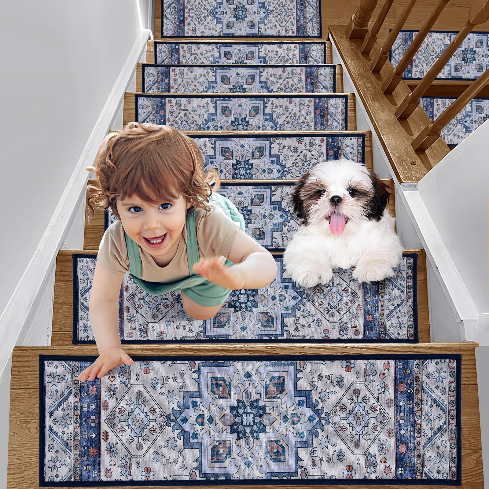 YISUN Tapis Escalier Marche Lot 15 Antidérapant Surface Adhésif 20 x 65cm pour Enfants âgées Chiens (Fleur Bleu)