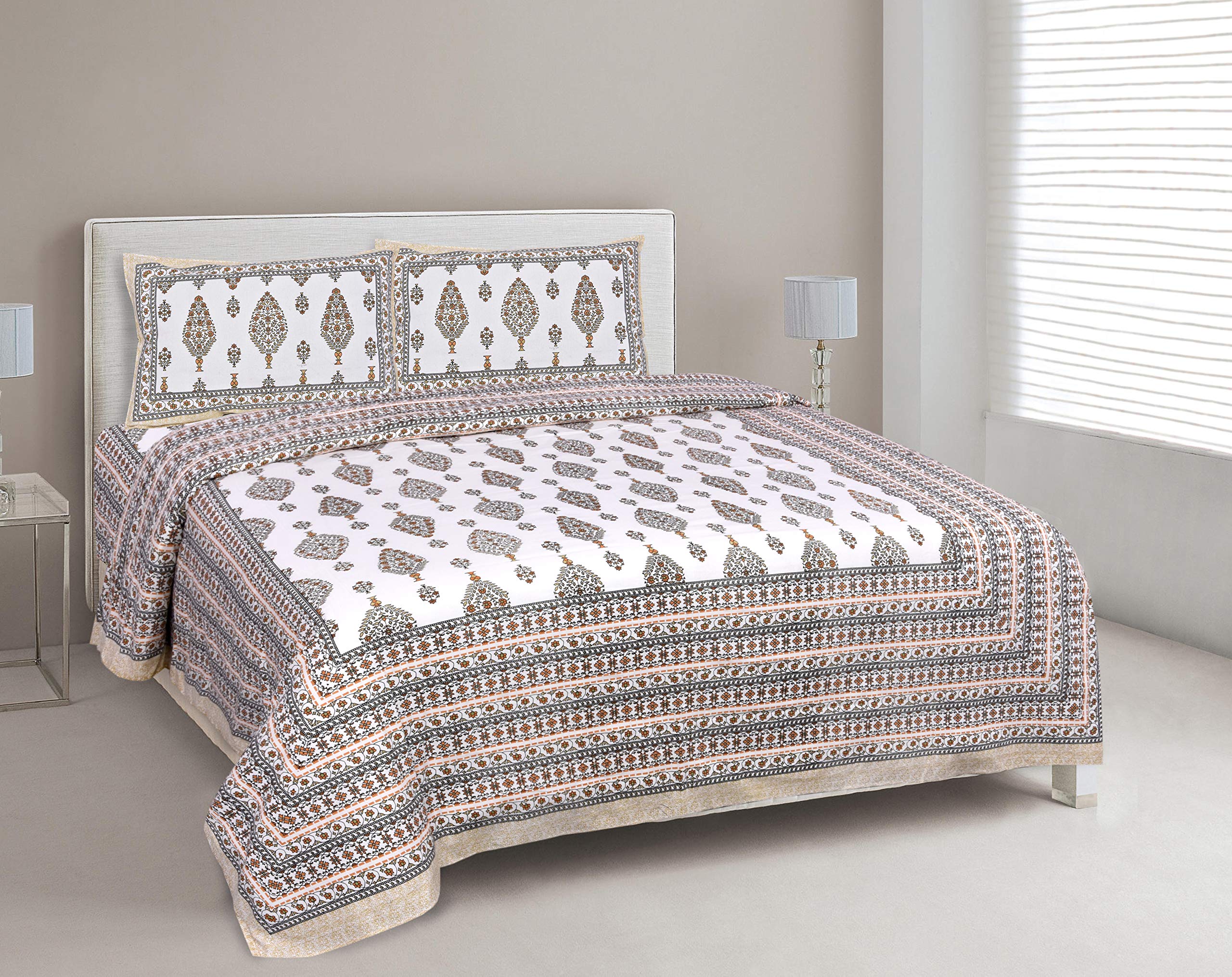 Sanvee Collection Jaipuri Classic Print Cotton Double BedSheet 90"x108" (Multy,Peach)