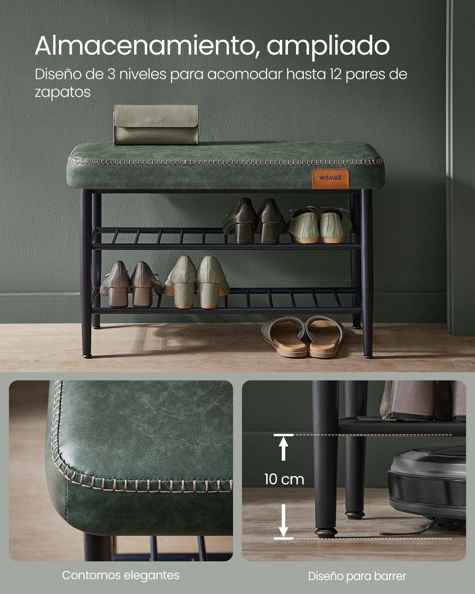 VASAGLE Banco Zapatero, Piel Sintética, Carga 135 kg, 30 x 80 x 50 cm | Banco de Almacenaje, Zapatero de Entrada, Con Costuras, Moderno de Siglo Mediados, Verde Bosque, EKHO Colección LSB054C01