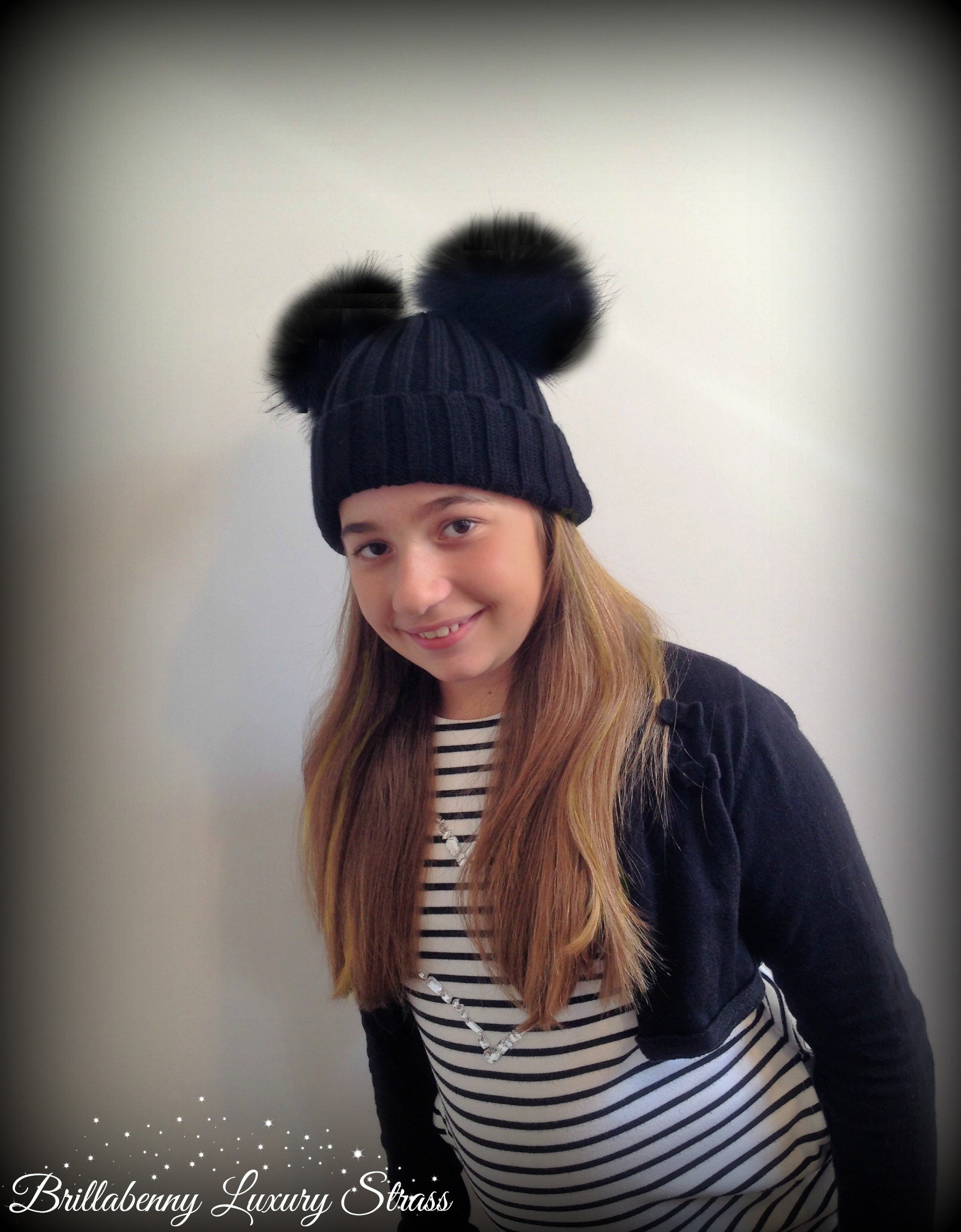 Cappello Pelliccia Vera Doppio PON PON Nero Ragazza Donna Cuffia Berretto Hat Fur Luxury Neve Sci Inverno Regalo Natale