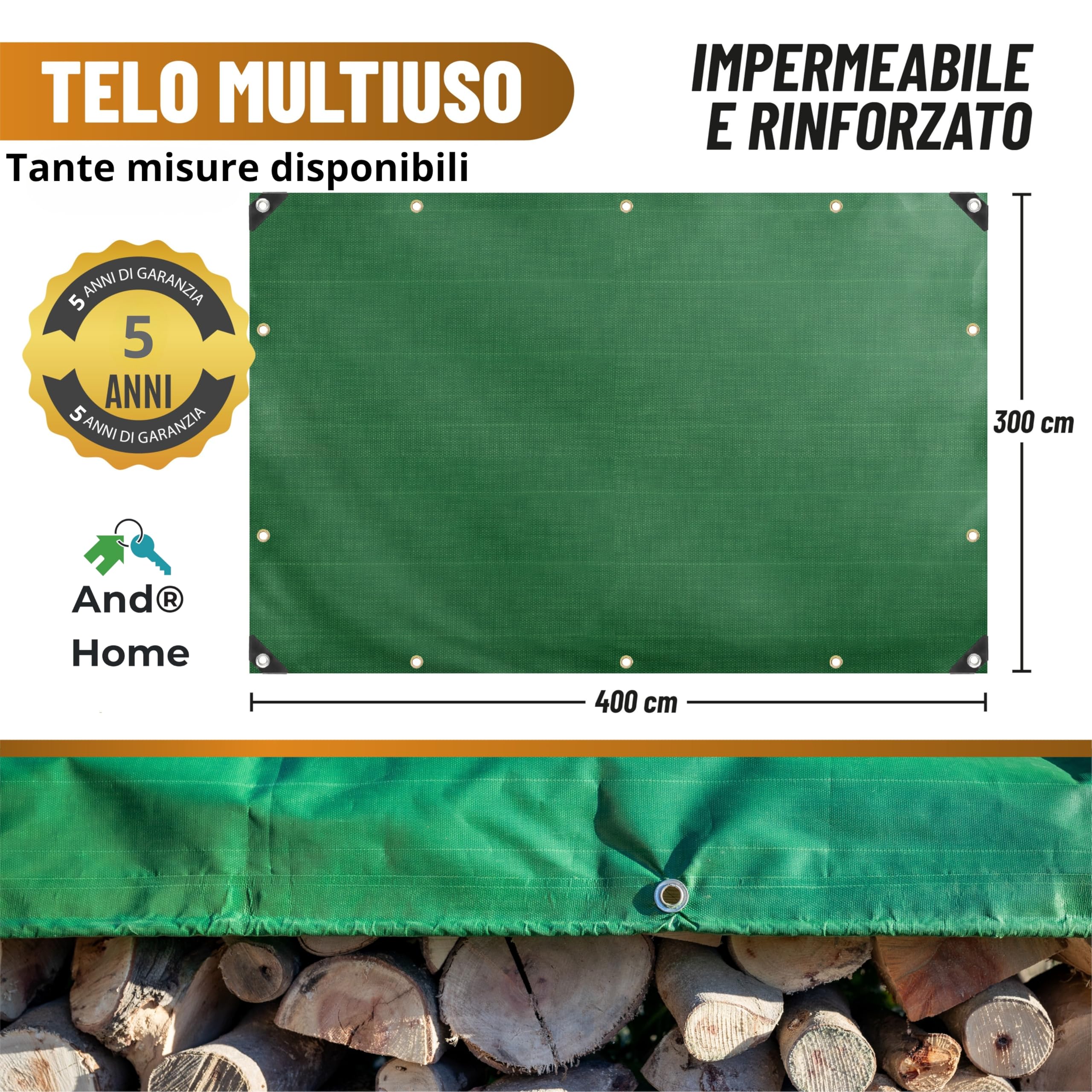 Telo/Telone Impermeabile Esterno - 3x2 METRI - ANTISTRAPPO - DURABILITA' 5 ANNI, Telo Copritutto Senza Elastici Inclusi, Telone Occhiellato Rinforzato, Verde, 110gr/mq