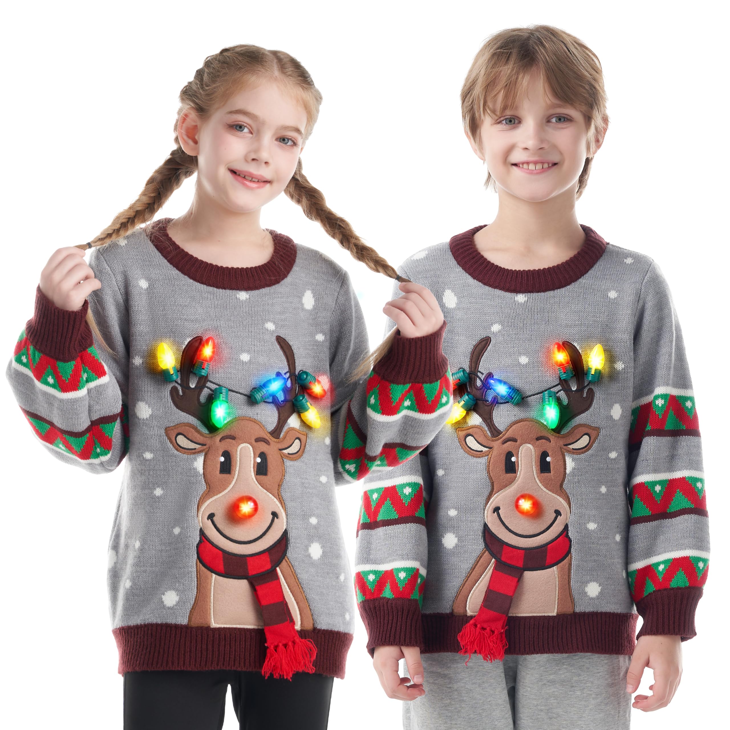 Joyin Kid Reindeer Grey Kid's Led Light Up Christmas Reindeer Ugly Xmas Sweater With Built-In Light Bulbs (Grey M)