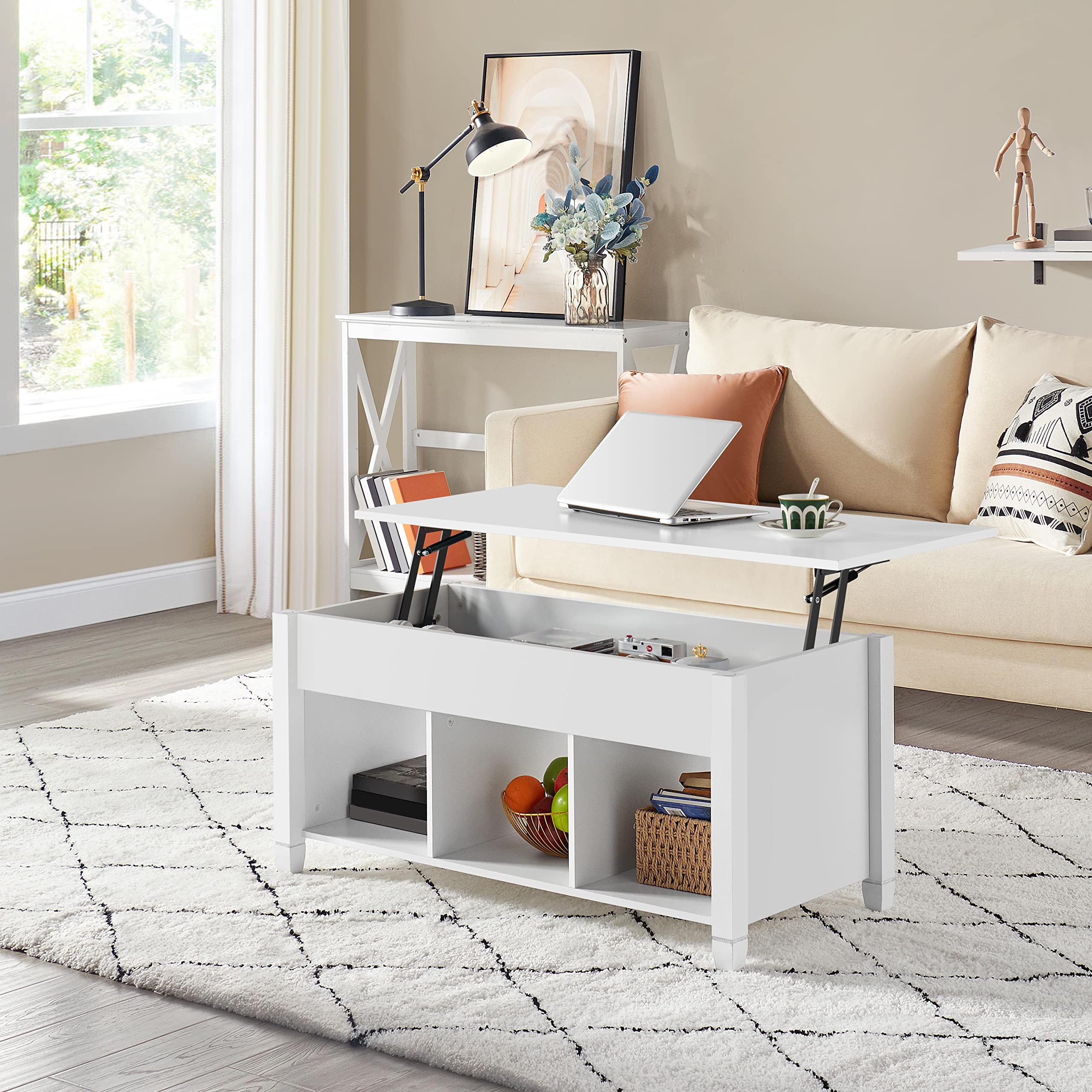 Yaheetech Mesa de Centro Elevable con Cajón 104,5 x 49,5 x (49-62) cm | Mesa de Café para Salón de Estilo Moderno con Patas de Madera Maciza Blanco
