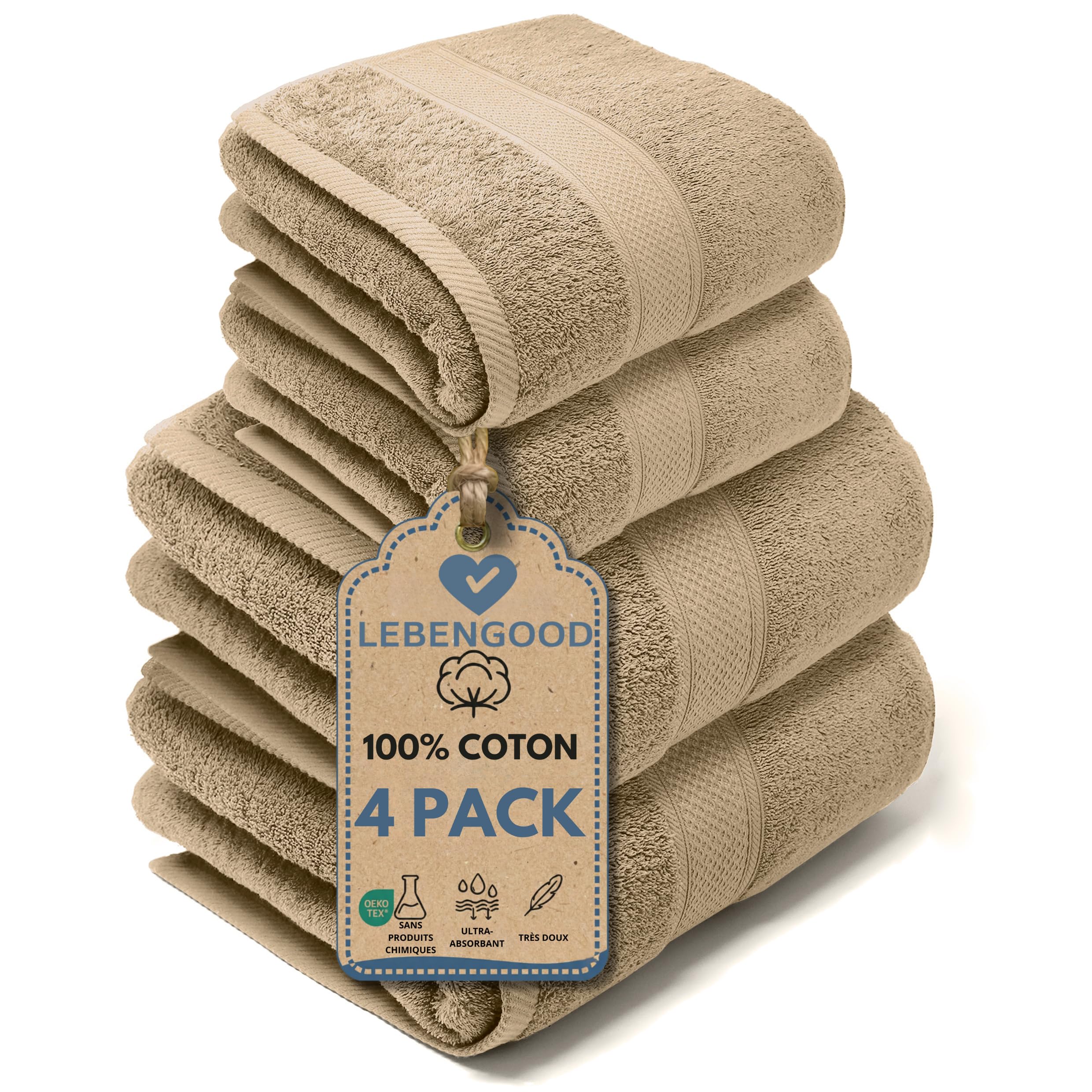 Serviette de Bain 100% Coton Oeko-TEX® Lot de 4 - 2 Douche 70x140 + 2 Toilette 50x90 Grande Taille Doux et Absorbant