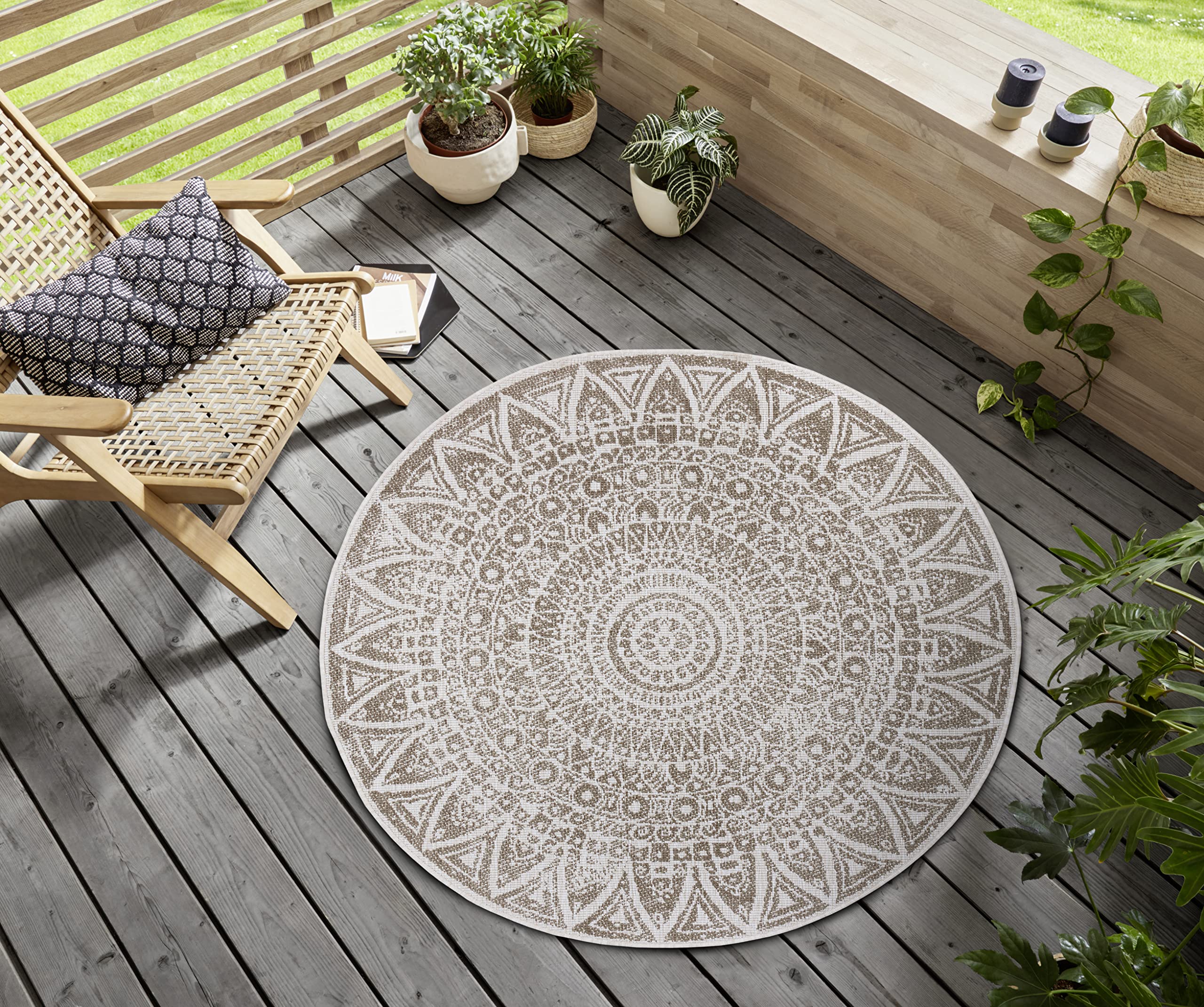 The Rugs Natural Lilja Vintage Round Rug Indoor Outdoor Reversible Durable Easy Care In | Size: 100Cm Diameter