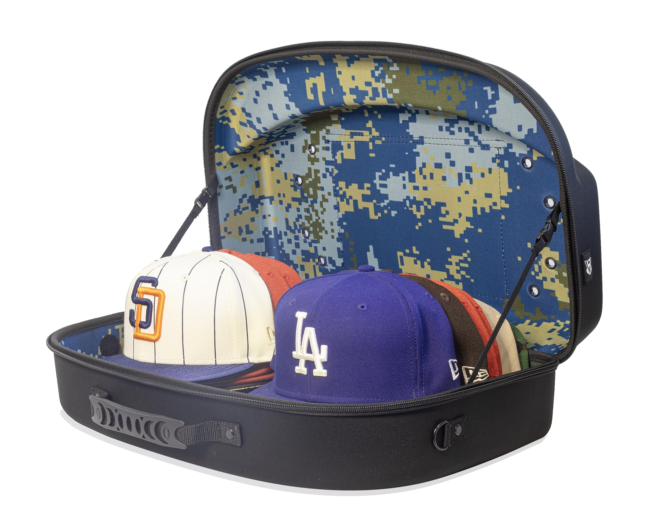 HomiegearAuthentic Cap Carrier Case for 14 Caps -Water Resistant Cap Storage Bag -Crush Proof Travel Bag for All Brands Caps (Black Camo Blue)