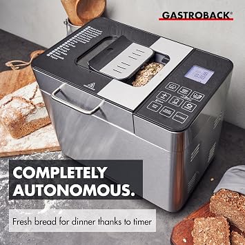 Gastroback Design Advanced Automatic Bread Maker, 18 Programmes, 3 Loaf Sizes, 3 Browning Levels, Makes Bread, Jam, Yoghurt and Ice Cream - 62823