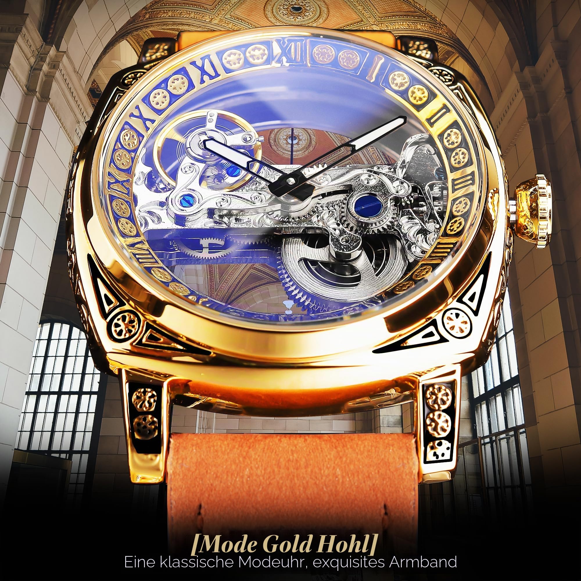 FORSINING Fancy Uhren für Männer, quadratische Retro mechanische Uhr Self-Wind geschnitzt, Gear Uhrwerk Golden Skelett Automatische Uhren Vintage Lederarmband Armbanduhr