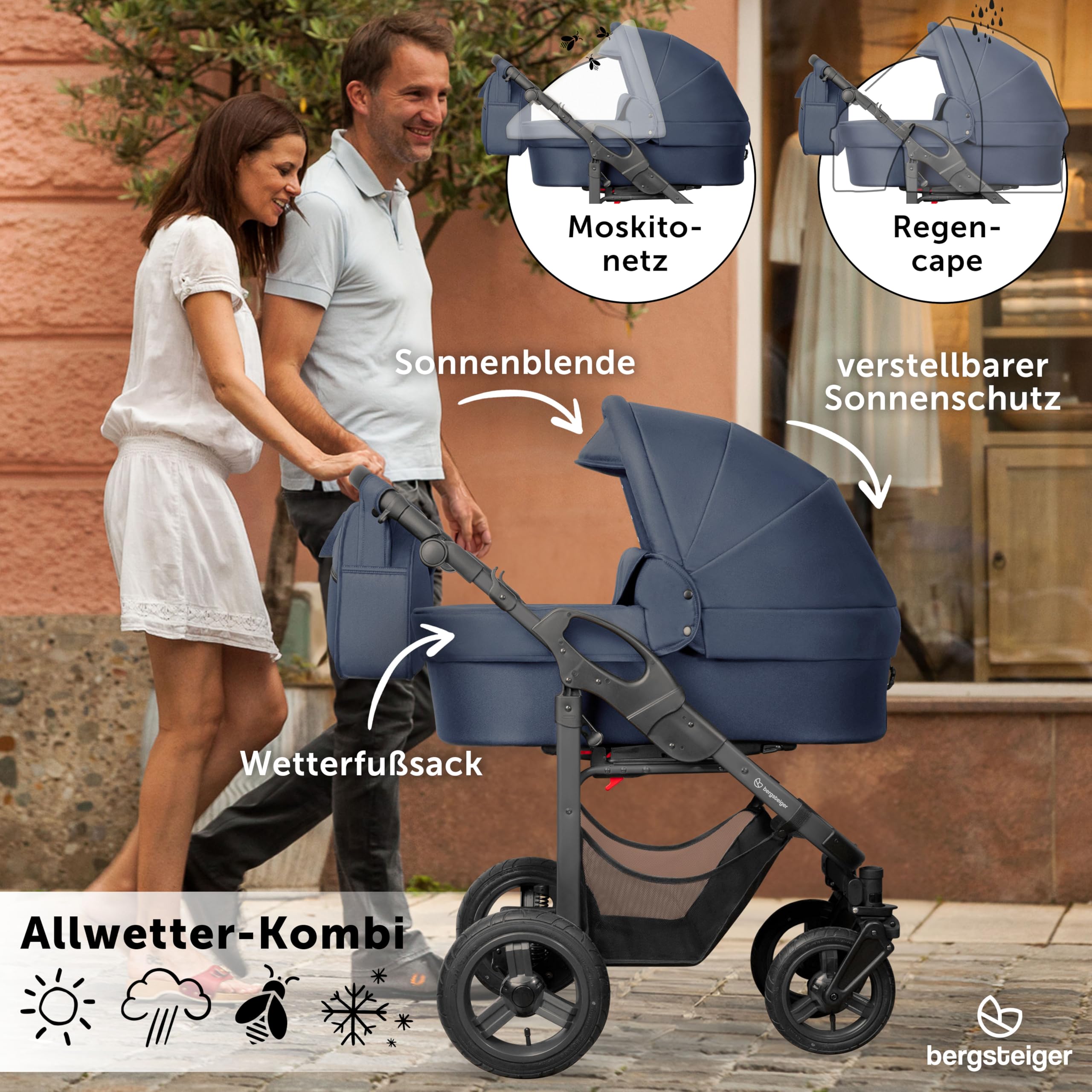 Bergsteiger Capri Kombikinderwagen 3-in-1 Babywanne Sportsitz Babyschale | Komfortables Reisesystem ab Geburt mit Luftreifen Rahmenfederung verstellbarem Griff Platzsparend faltbar und Wickeltasche