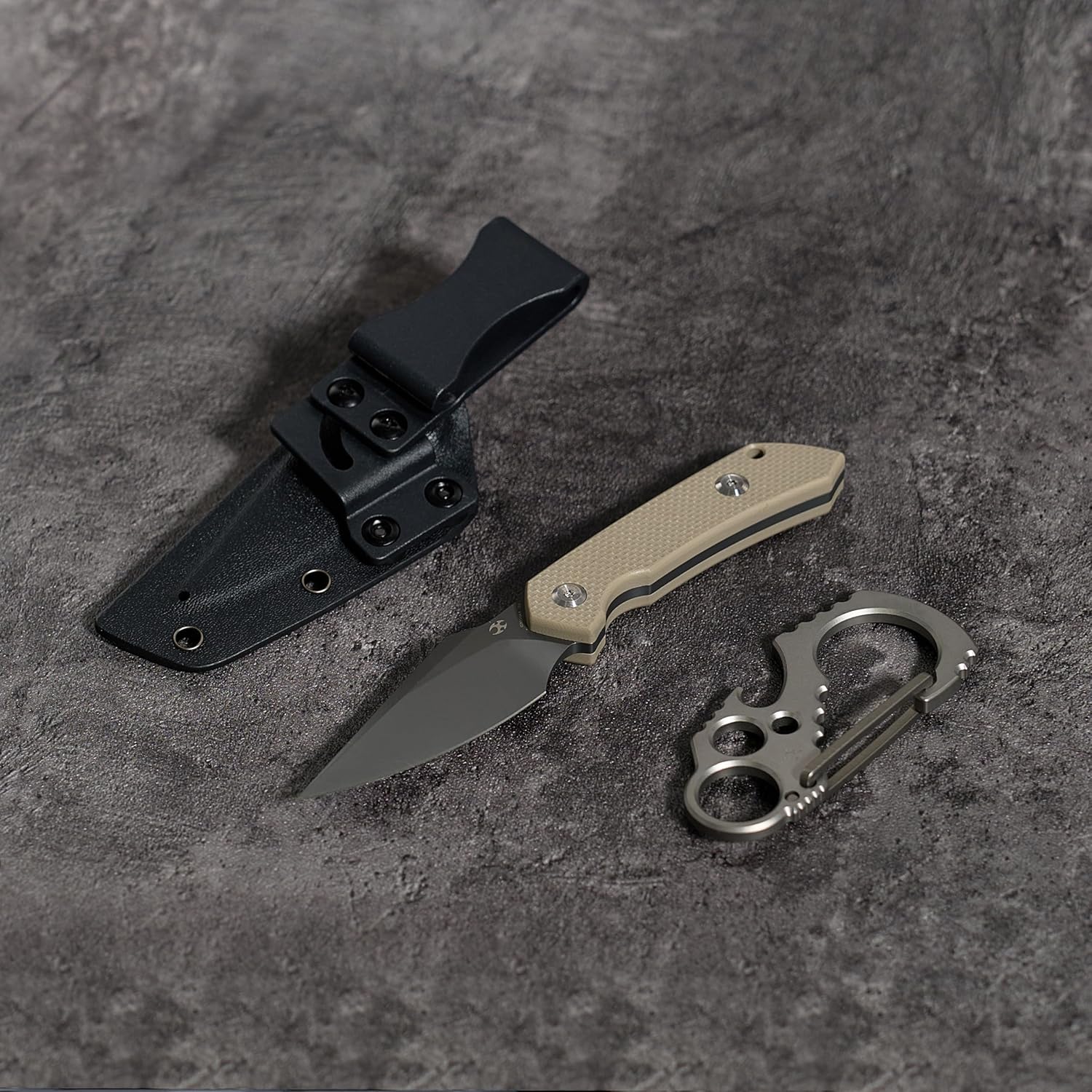KANSPET Fenrir Fixed Blade Knife, 2.87" Gray TiCn Coated Tactical Survival with Light Sand G10 Ergonomic Handle, Full Tang and Adjustable Kydex Sheath for EDC Hunting Camping Outdoor for Men G3034A4